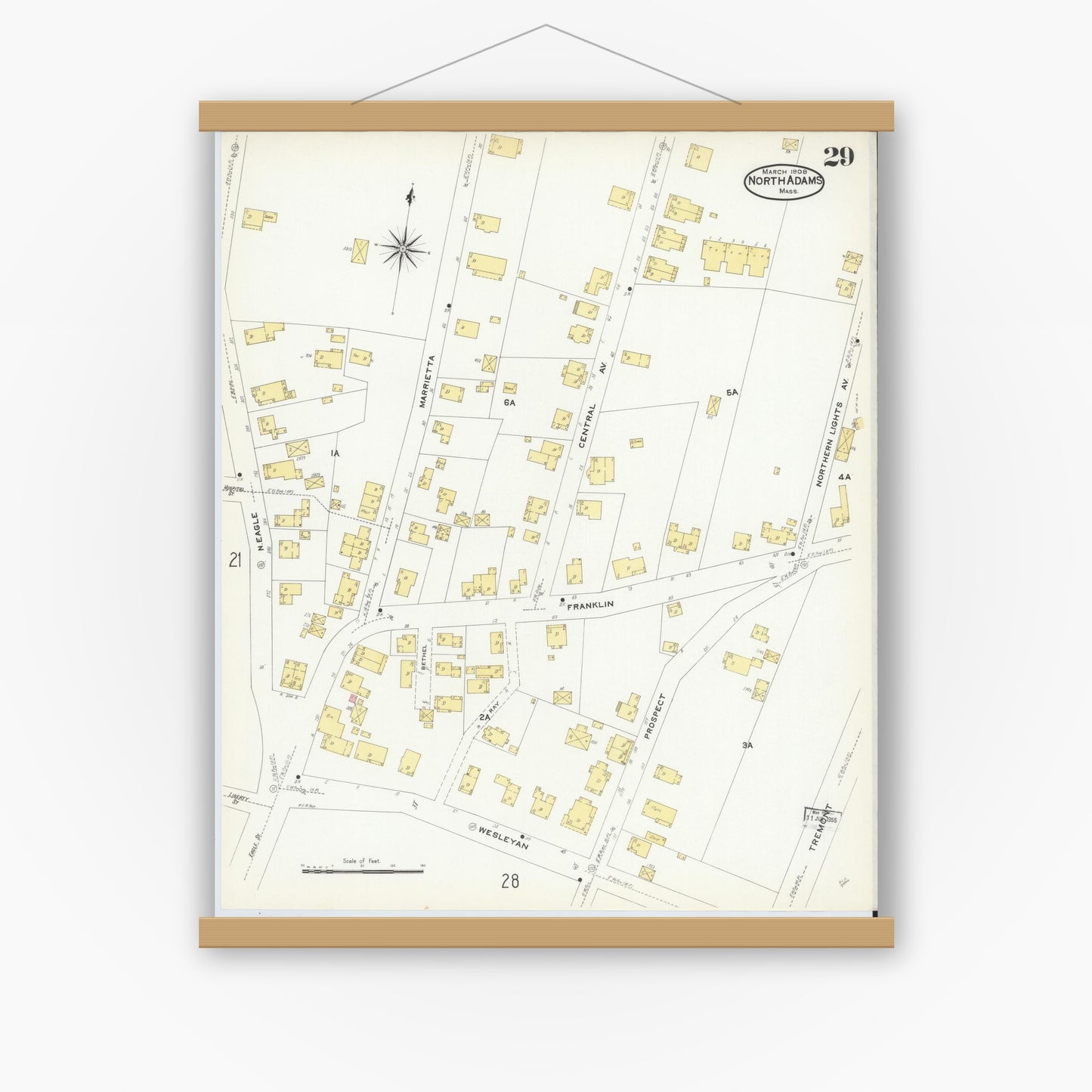 Old map wall art mockup — magnetic wood frame on white wall — Sanborn Fire Insurance Map from North Adams, Berkshire County, Massachusetts (1908), Sheet #0029
