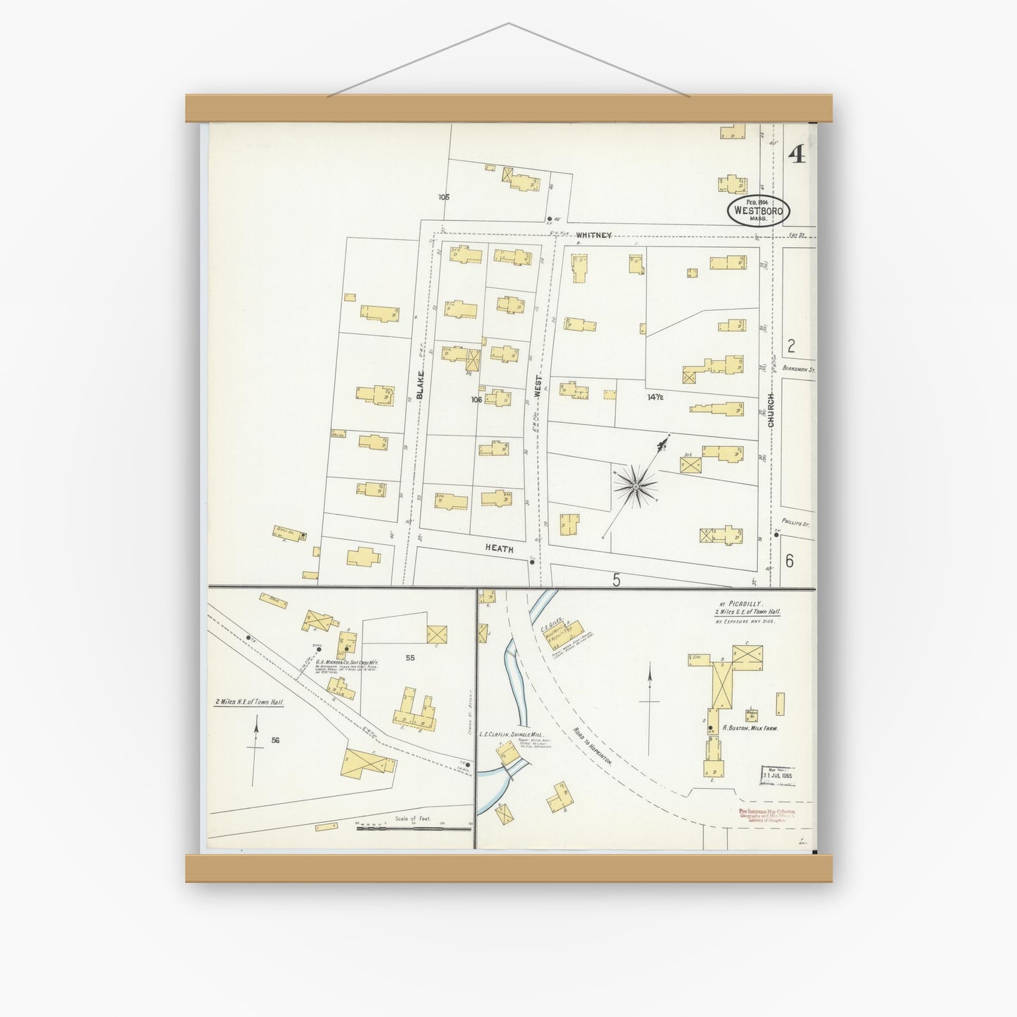 Old map wall art mockup — magnetic wood frame on white wall — Sanborn Fire Insurance Map from Westboro, Worcester County, Massachusetts (1904), Sheet #0004