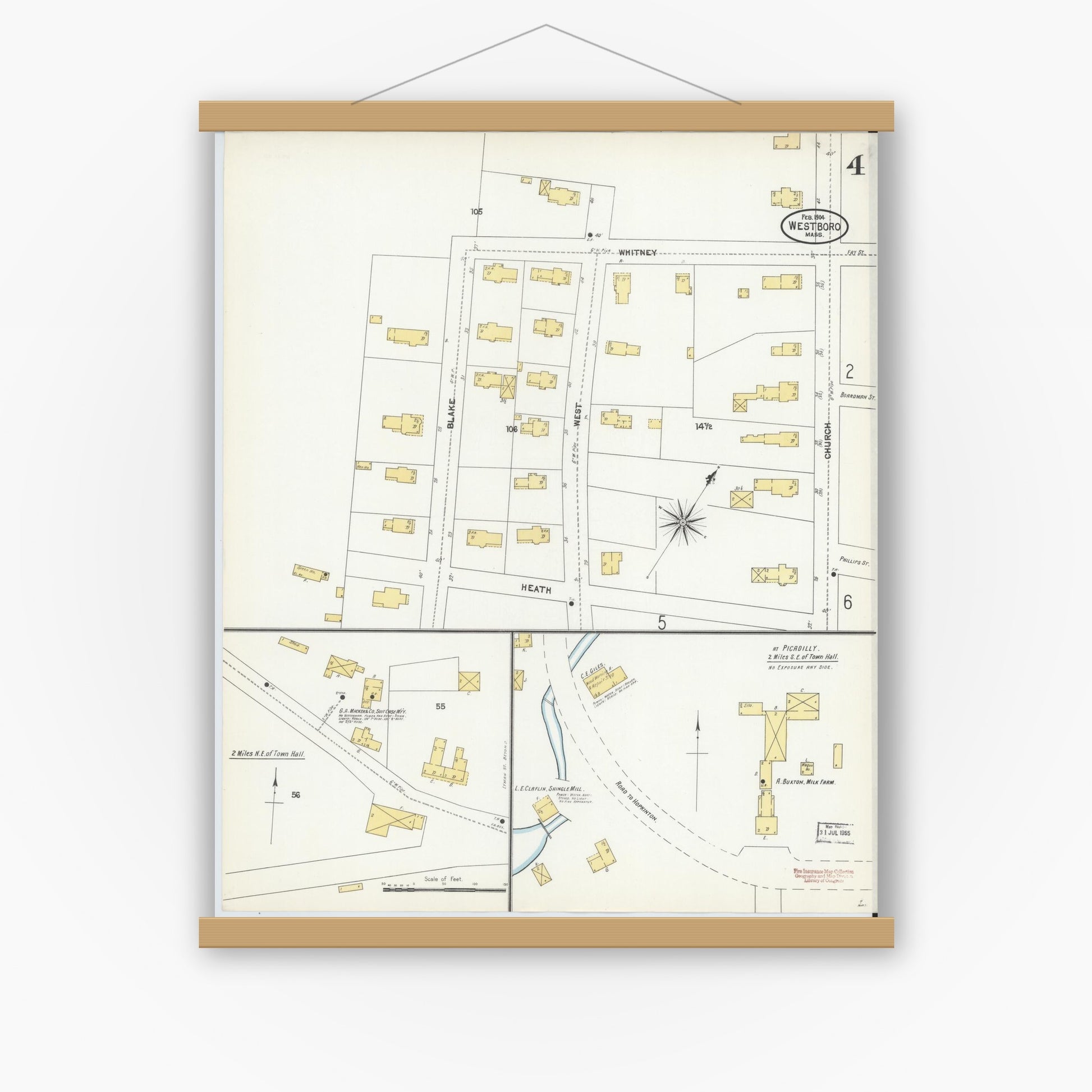 Old map wall art mockup — magnetic wood frame on white wall — Sanborn Fire Insurance Map from Westboro, Worcester County, Massachusetts (1904), Sheet #0004