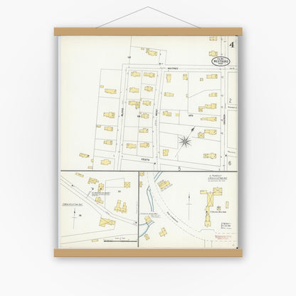 Old map wall art mockup — magnetic wood frame on white wall — Sanborn Fire Insurance Map from Westboro, Worcester County, Massachusetts (1904), Sheet #0004