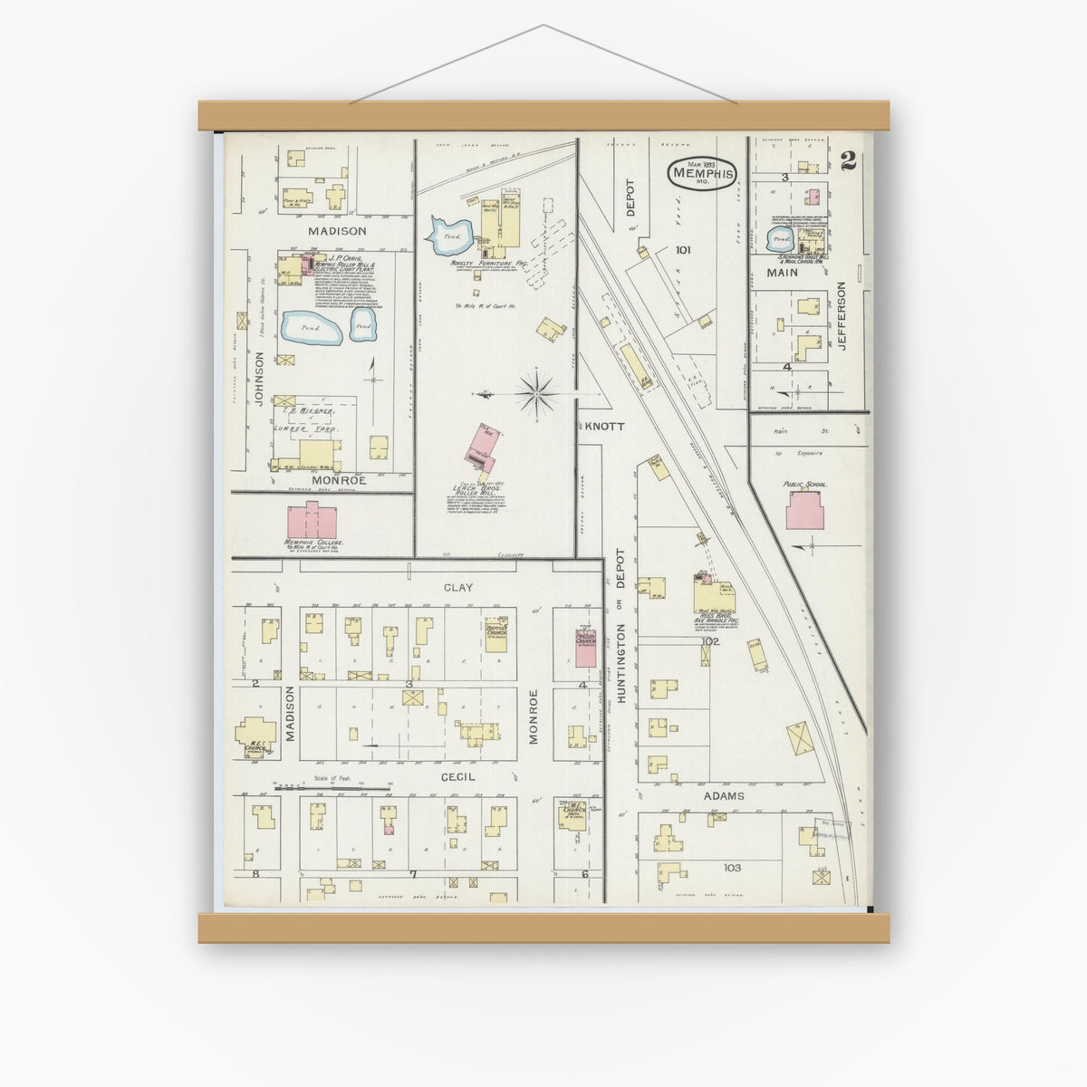 Old map wall art mockup — magnetic wood frame on white wall — Sanborn Fire Insurance Map from Memphis, Scotland County, Missouri (1893), Sheet #0002