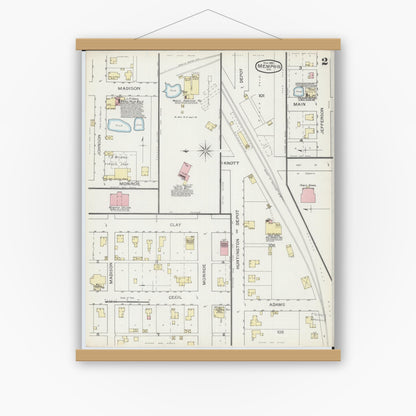 Old map wall art mockup — magnetic wood frame on white wall — Sanborn Fire Insurance Map from Memphis, Scotland County, Missouri (1893), Sheet #0002