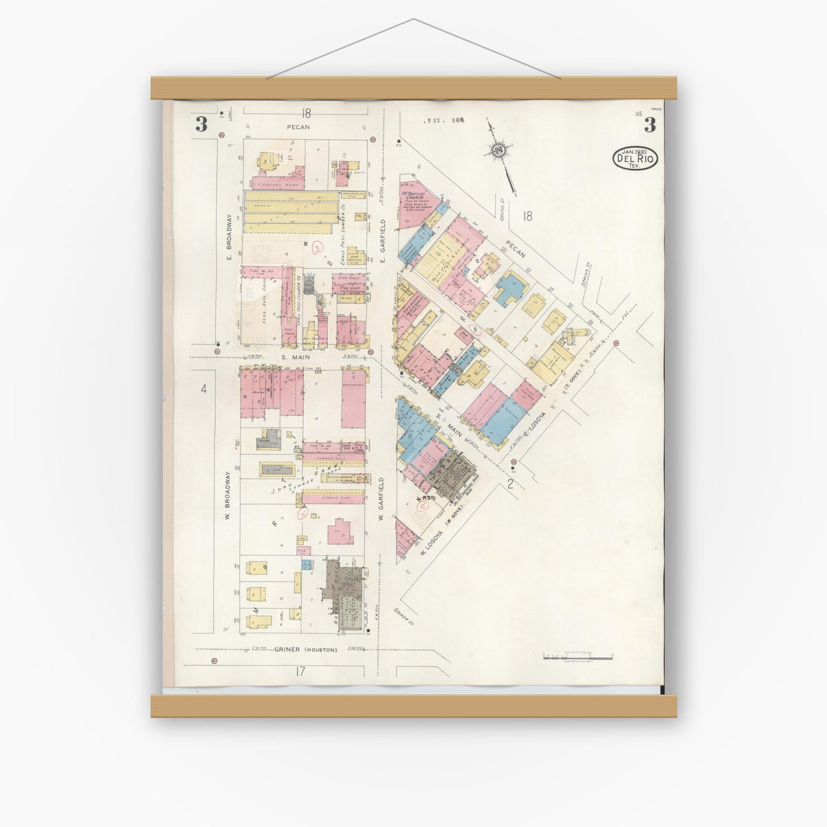 Old map wall art mockup — magnetic wood frame on white wall — Sanborn Fire Insurance Map from Del Rio, Val Verde County, Texas (1948), Sheet #0003
