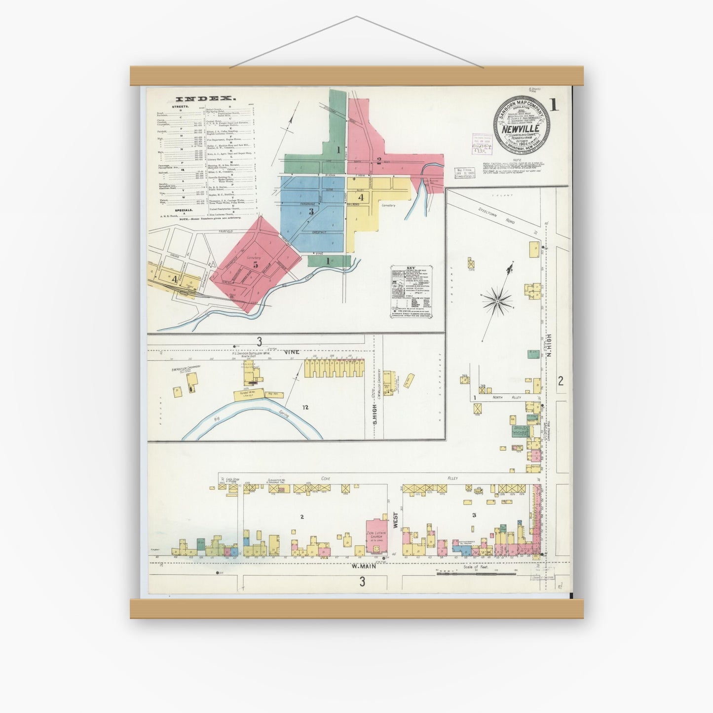 Old map wall art mockup — magnetic wood frame on white wall — Sanborn Fire Insurance Map from Newville, Cumberland County, Pennsylvania (1904) - Complete Map Set