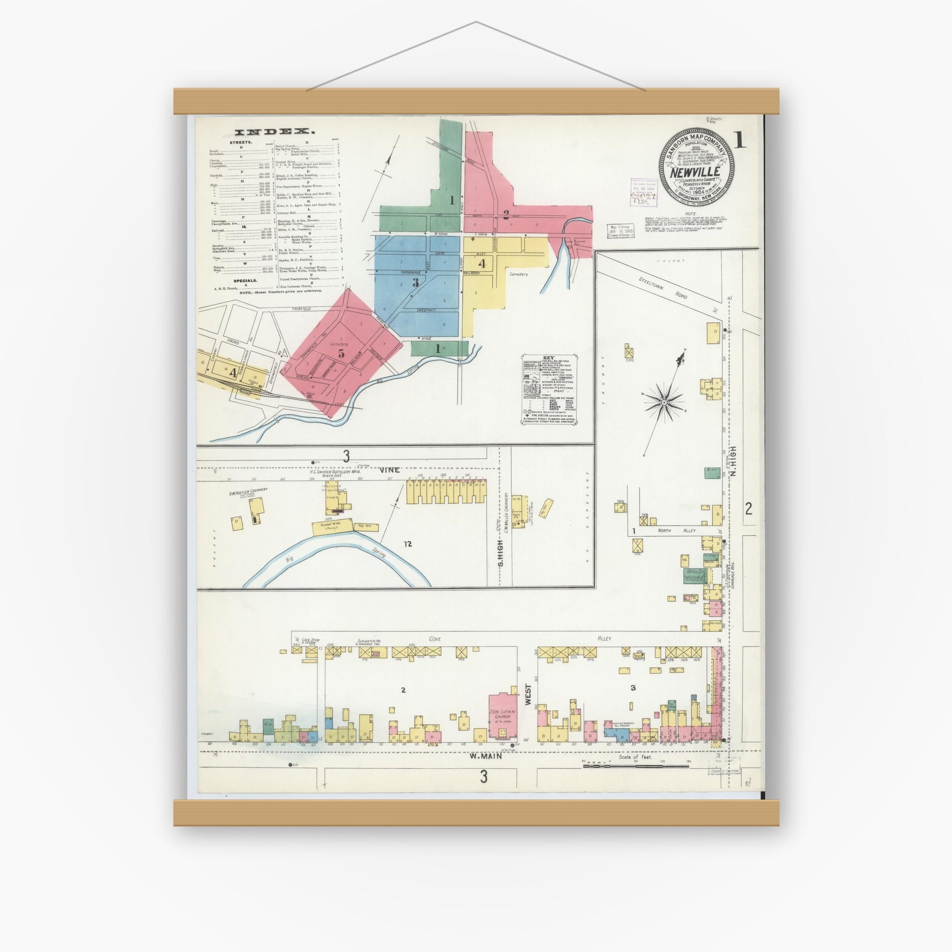 Old map wall art mockup — magnetic wood frame on white wall — Sanborn Fire Insurance Map from Newville, Cumberland County, Pennsylvania (1904) - Complete Map Set