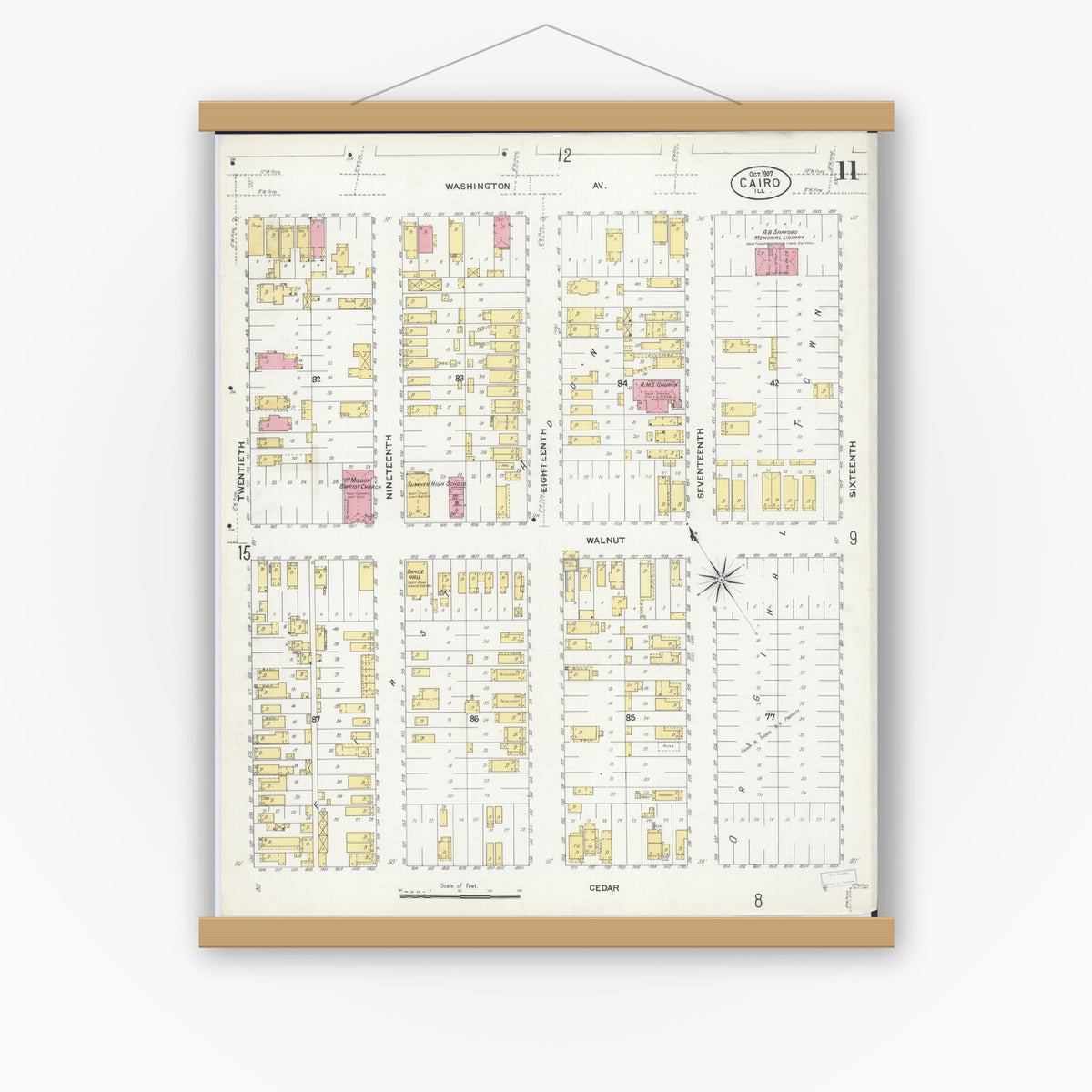 Old map wall art mockup — magnetic wood frame on white wall — Sanborn Fire Insurance Map from Cairo, Alexander County, Illinois (1907), Sheet #0011
