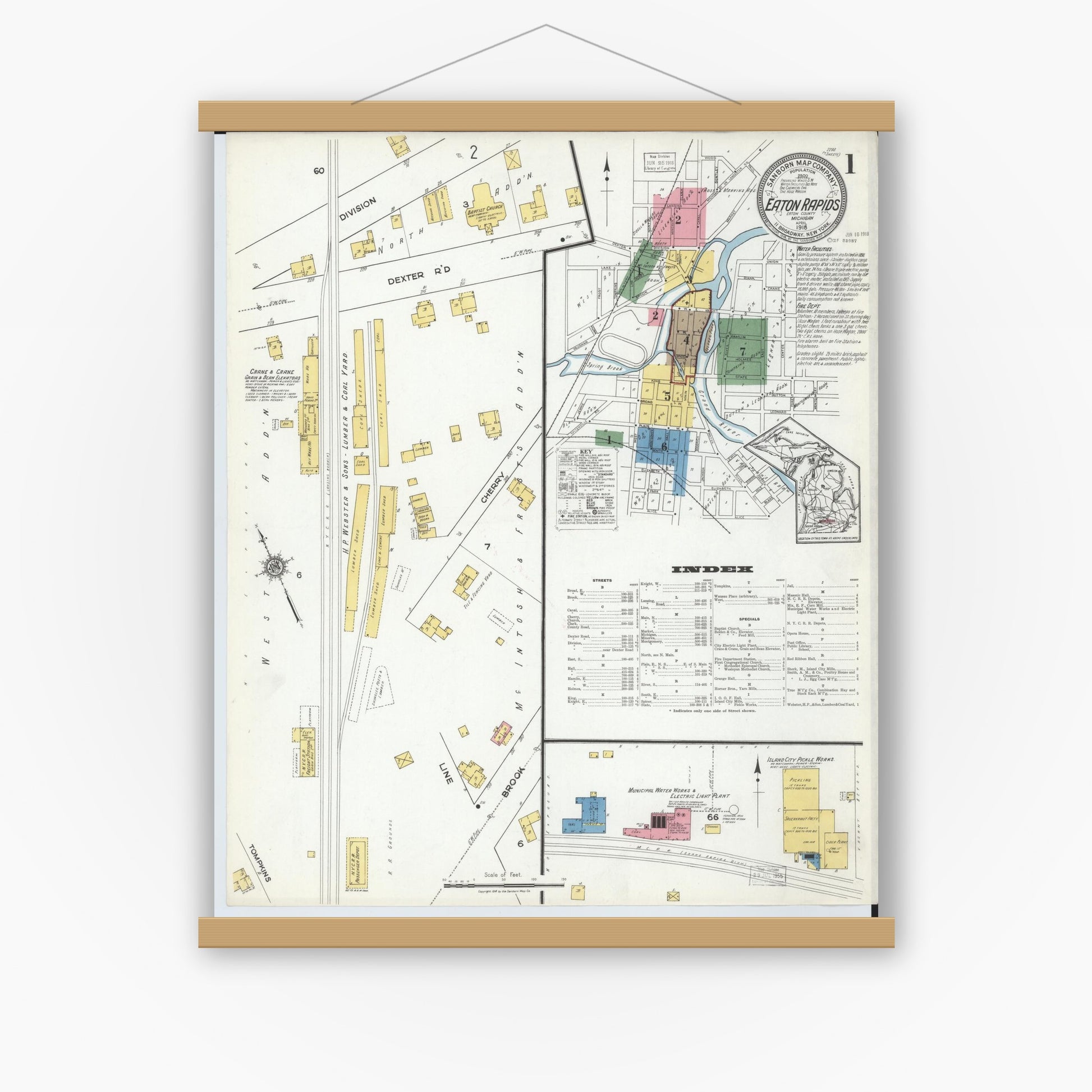 Old map wall art mockup — magnetic wood frame on white wall — Sanborn Fire Insurance Map from Eaton Rapids, Eaton County, Michigan (1918) - Complete Map Set