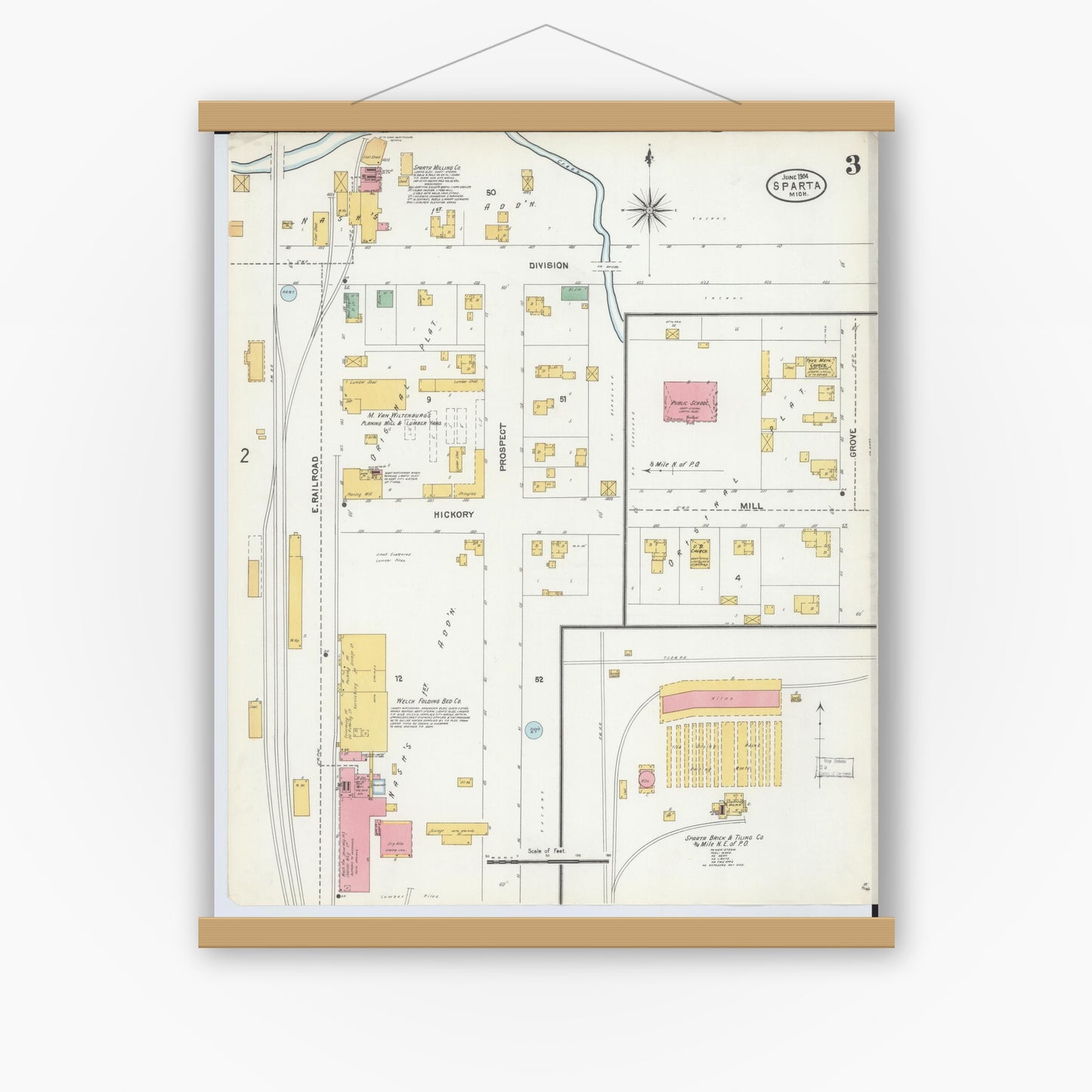 Old map wall art mockup — magnetic wood frame on white wall — Sanborn Fire Insurance Map from Sparta, Kent County, Michigan (1904), Sheet #0003