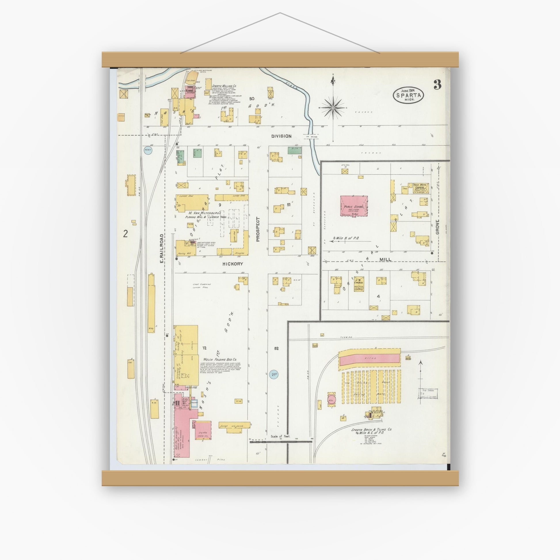 Old map wall art mockup — magnetic wood frame on white wall — Sanborn Fire Insurance Map from Sparta, Kent County, Michigan (1904), Sheet #0003