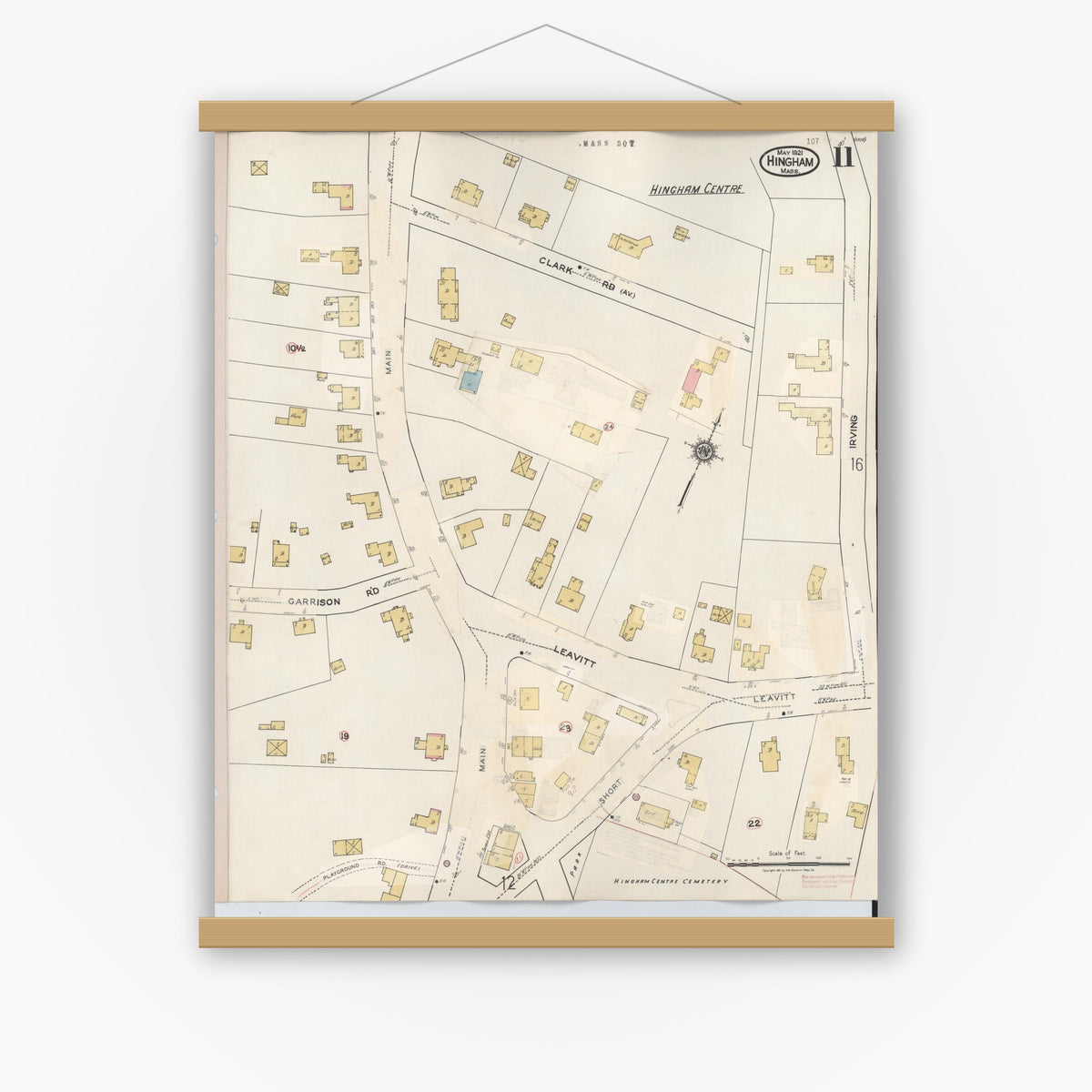 Old map wall art mockup — magnetic wood frame on white wall — Sanborn Fire Insurance Map from Hingham, Plymouth County, Massachusetts (1948), Sheet #0011
