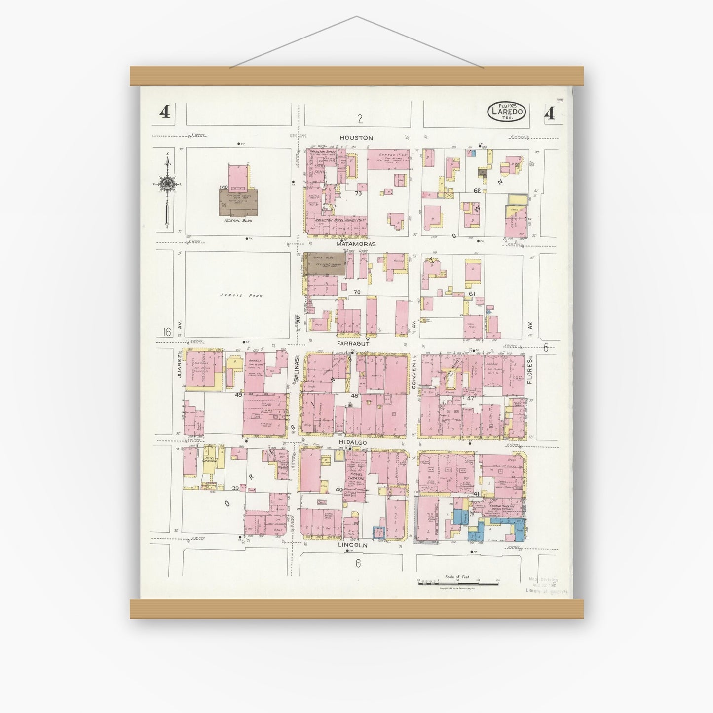 Old map wall art mockup — magnetic wood frame on white wall — Sanborn Fire Insurance Map from Laredo, Webb County, Texas (1925), Sheet #0004