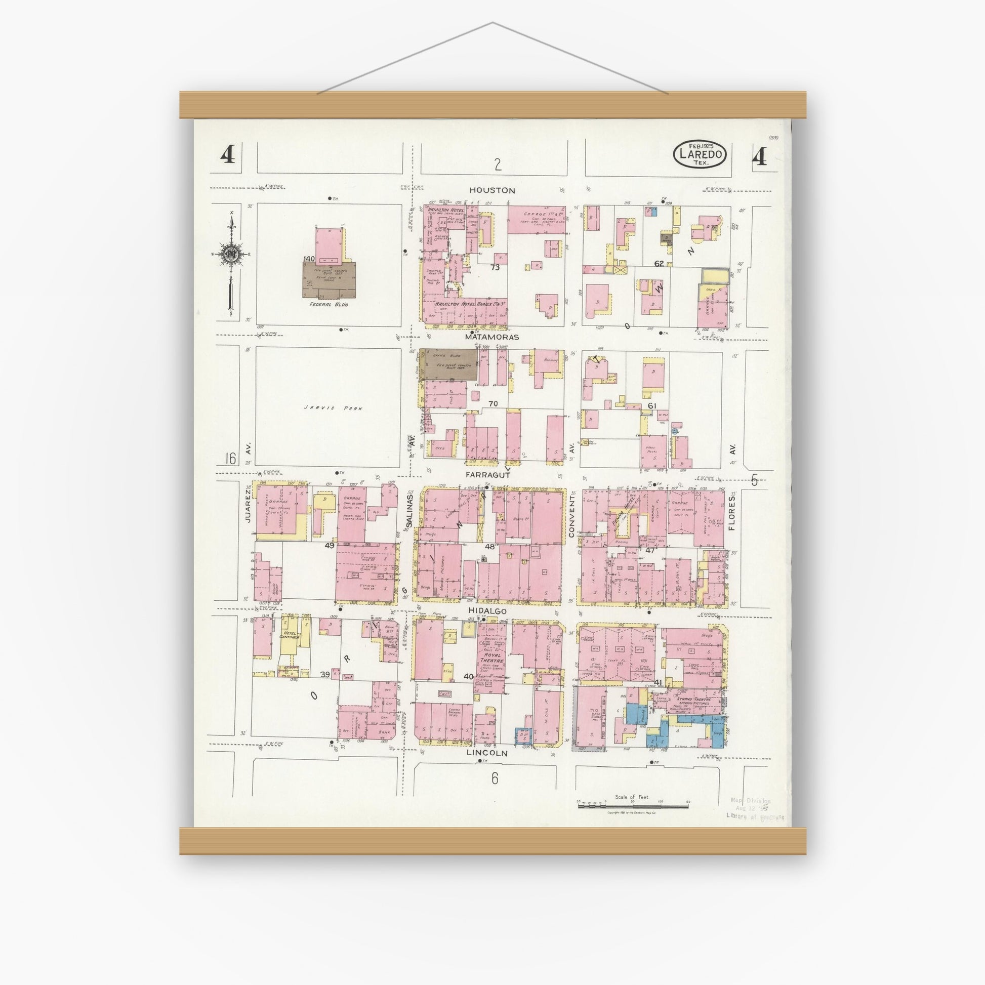 Old map wall art mockup — magnetic wood frame on white wall — Sanborn Fire Insurance Map from Laredo, Webb County, Texas (1925), Sheet #0004
