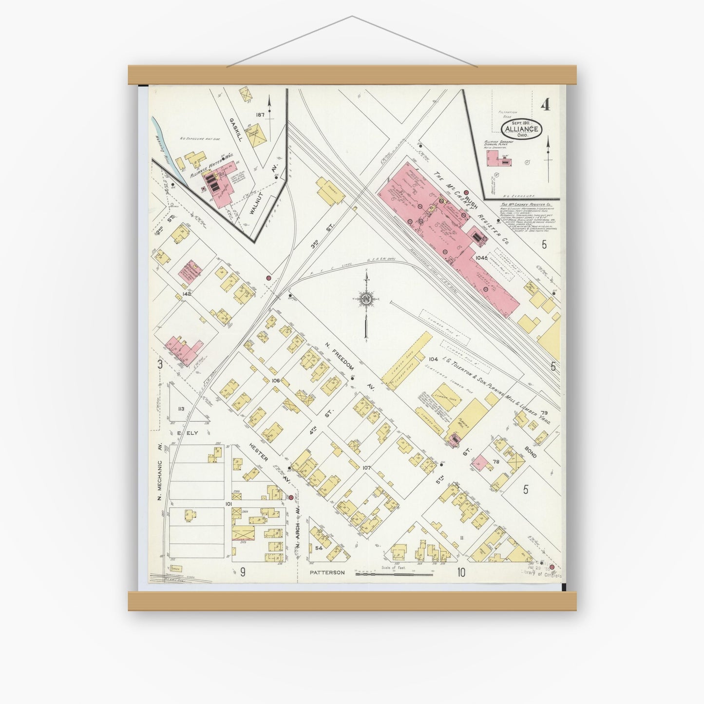 Old map wall art mockup — magnetic wood frame on white wall — Sanborn Fire Insurance Map from Alliance, Stark County, Ohio (1911), Sheet #0004