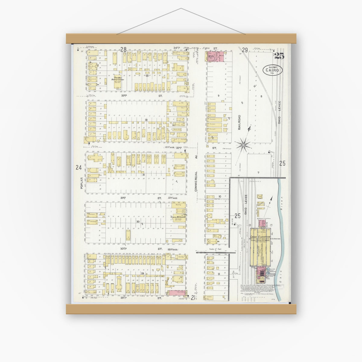 Old map wall art mockup — magnetic wood frame on white wall — Sanborn Fire Insurance Map from Cairo, Alexander County, Illinois (1907), Sheet #0025