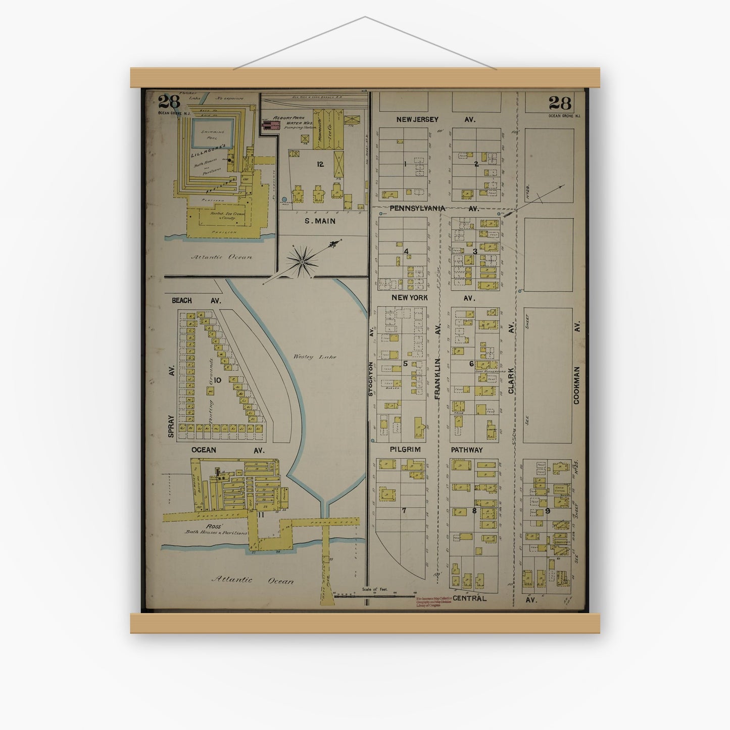 Old map wall art mockup — magnetic wood frame on white wall — Sanborn Fire Insurance Map from New Jersey Coast, New Jersey Coast, New Jersey (1890), Sheet #0028