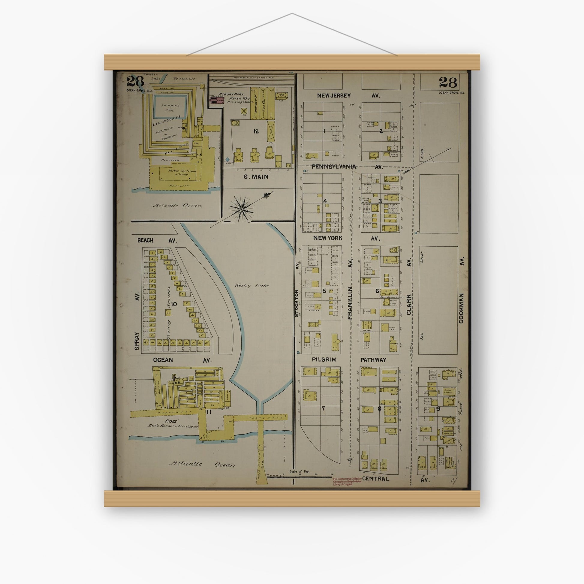 Old map wall art mockup — magnetic wood frame on white wall — Sanborn Fire Insurance Map from New Jersey Coast, New Jersey Coast, New Jersey (1890), Sheet #0028