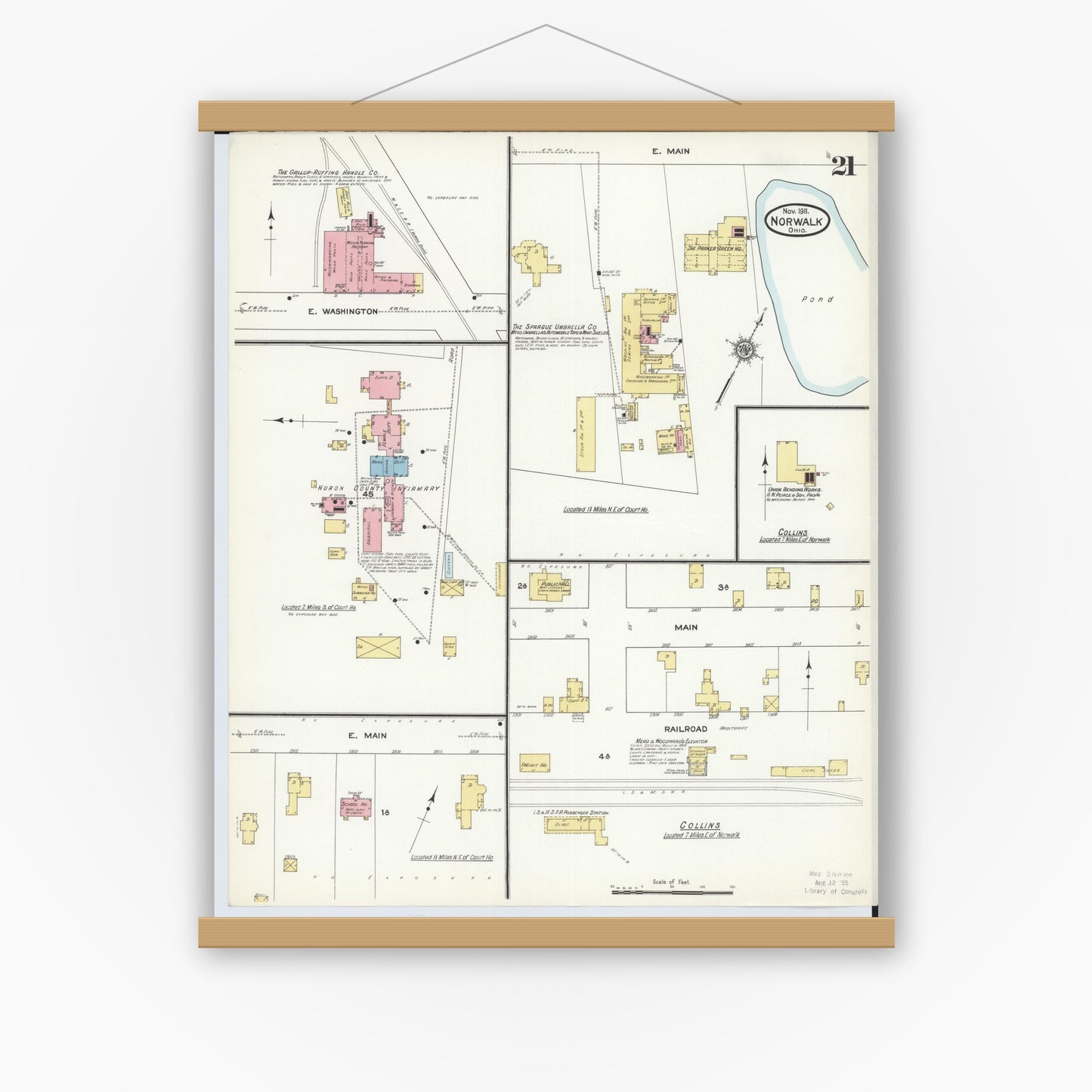 Old map wall art mockup — magnetic wood frame on white wall — Sanborn Fire Insurance Map from Norwalk, Huron County, Ohio (1911), Sheet #0021