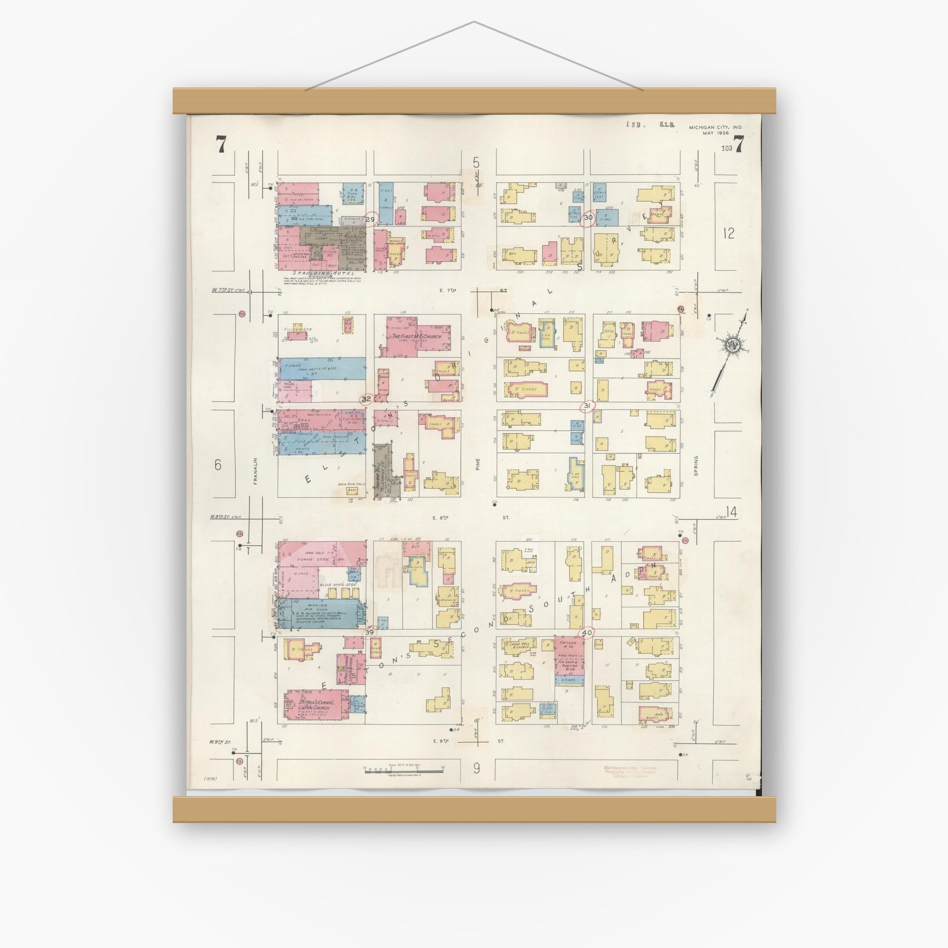 Old map wall art mockup — magnetic wood frame on white wall — Sanborn Fire Insurance Map from Michigan City, La Porte County, Indiana (1948), Sheet #0007