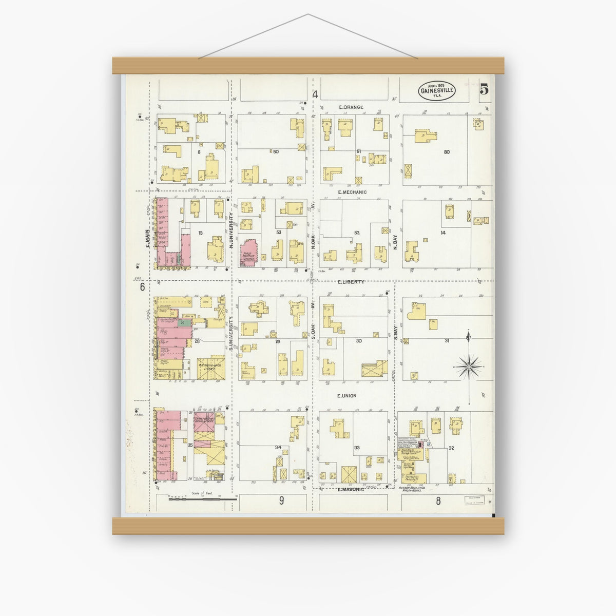 Old map wall art mockup — magnetic wood frame on white wall — Sanborn Fire Insurance Map from Gainesville, Alachua County, Florida (1903), Sheet #0005