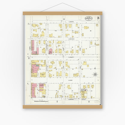 Old map wall art mockup — magnetic wood frame on white wall — Sanborn Fire Insurance Map from Gainesville, Alachua County, Florida (1903), Sheet #0005