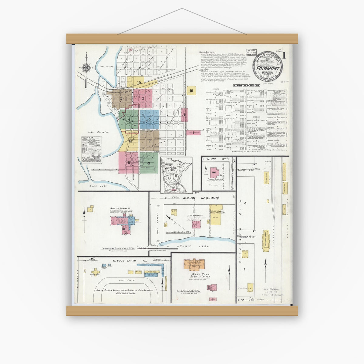 Old map wall art mockup — magnetic wood frame on white wall — Sanborn Fire Insurance Map from Fairmont, Martin County, Minnesota (1917), Sheet #0001