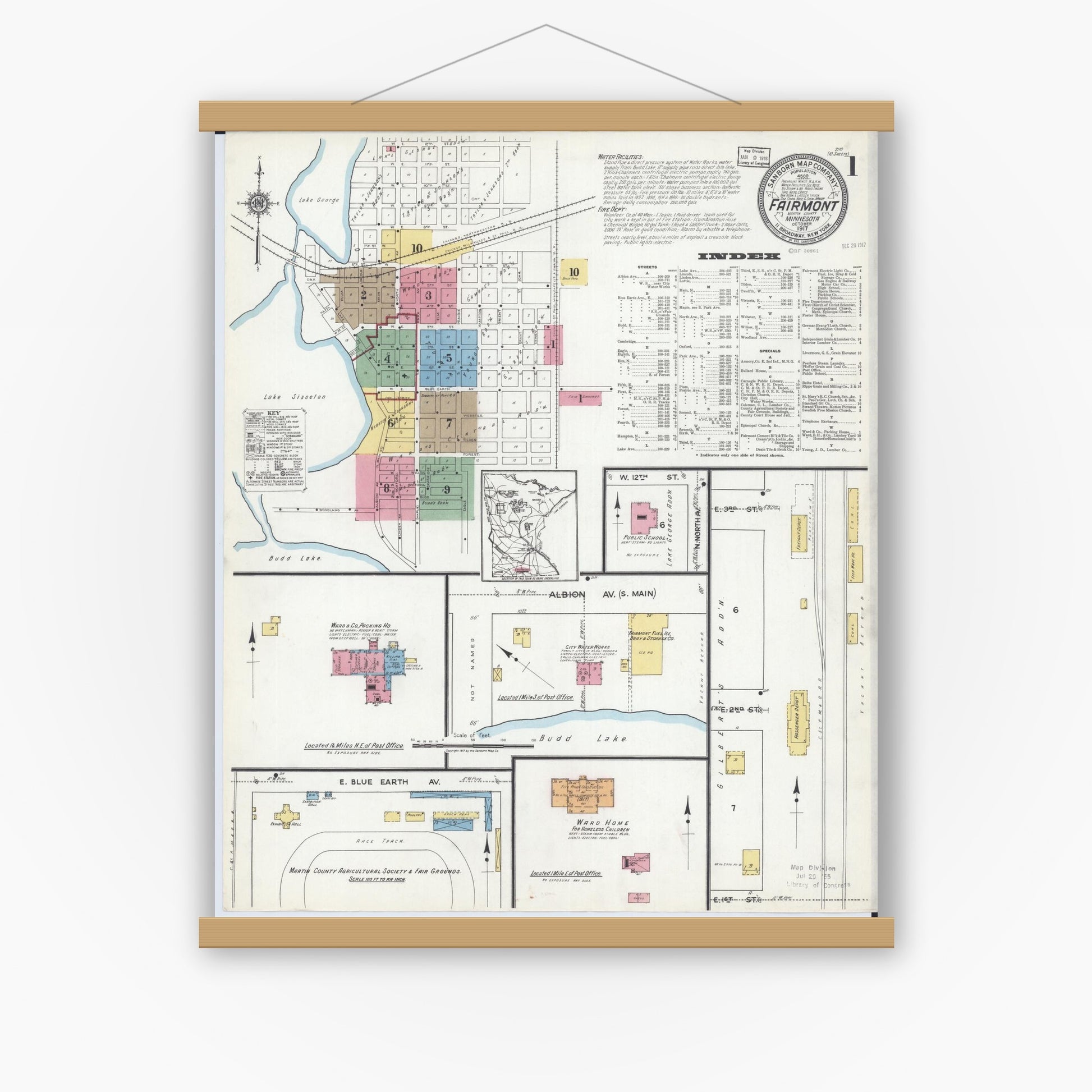 Old map wall art mockup — magnetic wood frame on white wall — Sanborn Fire Insurance Map from Fairmont, Martin County, Minnesota (1917), Sheet #0001