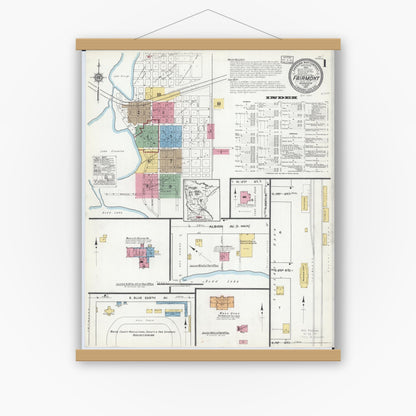 Old map wall art mockup — magnetic wood frame on white wall — Sanborn Fire Insurance Map from Fairmont, Martin County, Minnesota (1917), Sheet #0001
