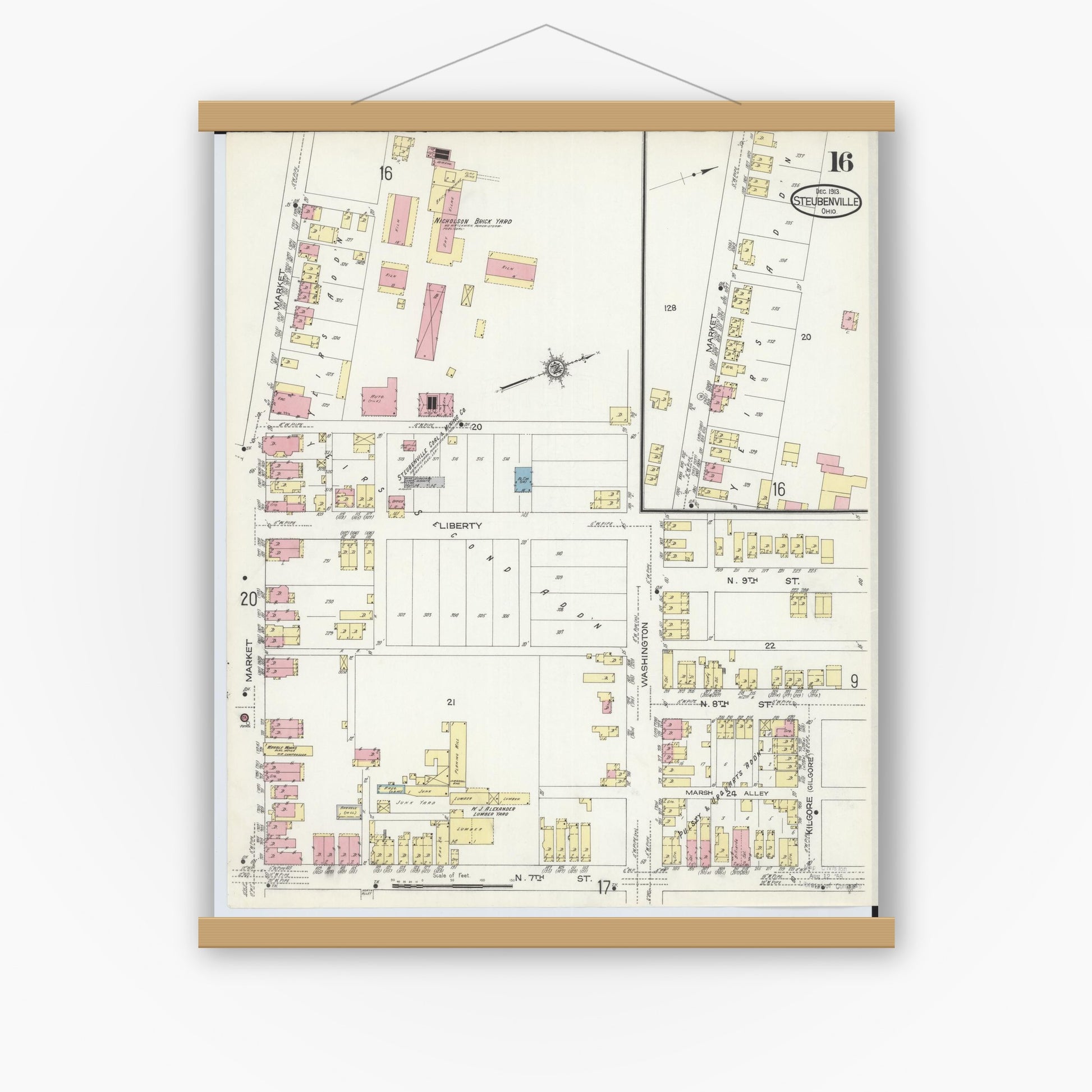 Old map wall art mockup — magnetic wood frame on white wall — Sanborn Fire Insurance Map from Steubenville, Jefferson County, Ohio (1913), Sheet #0016