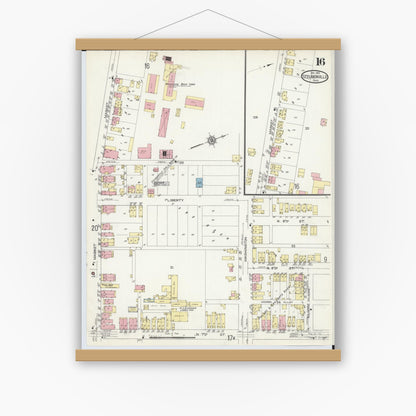 Old map wall art mockup — magnetic wood frame on white wall — Sanborn Fire Insurance Map from Steubenville, Jefferson County, Ohio (1913), Sheet #0016