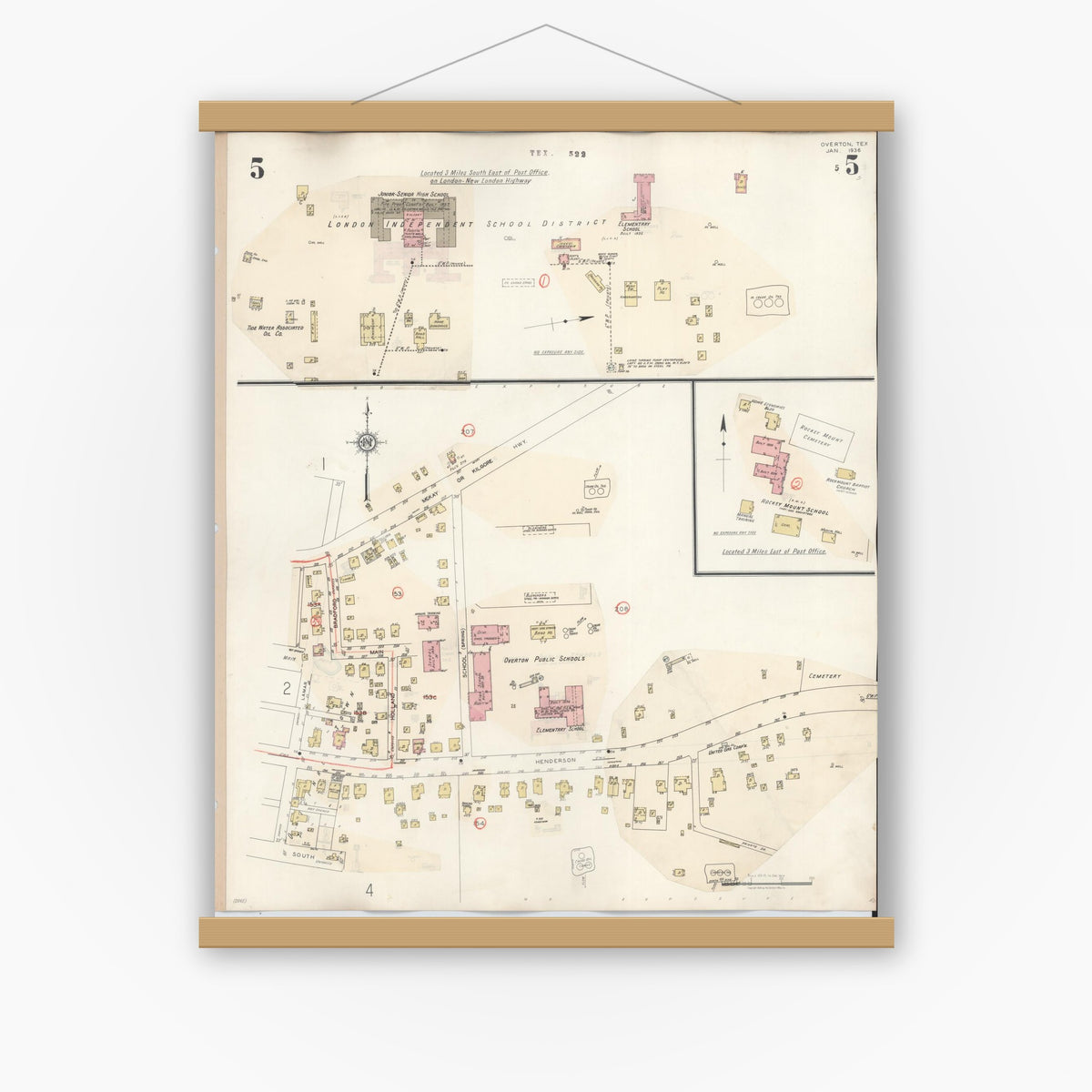 Old map wall art mockup — magnetic wood frame on white wall — Sanborn Fire Insurance Map from Overton, Rusk County, Texas (1939), Sheet #0005