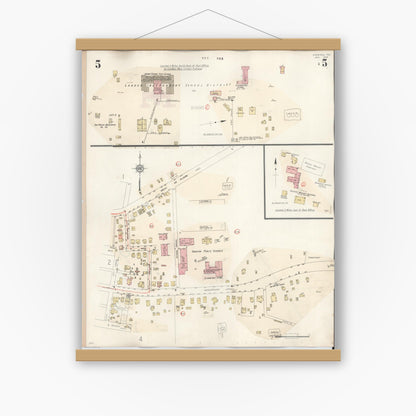 Old map wall art mockup — magnetic wood frame on white wall — Sanborn Fire Insurance Map from Overton, Rusk County, Texas (1939), Sheet #0005