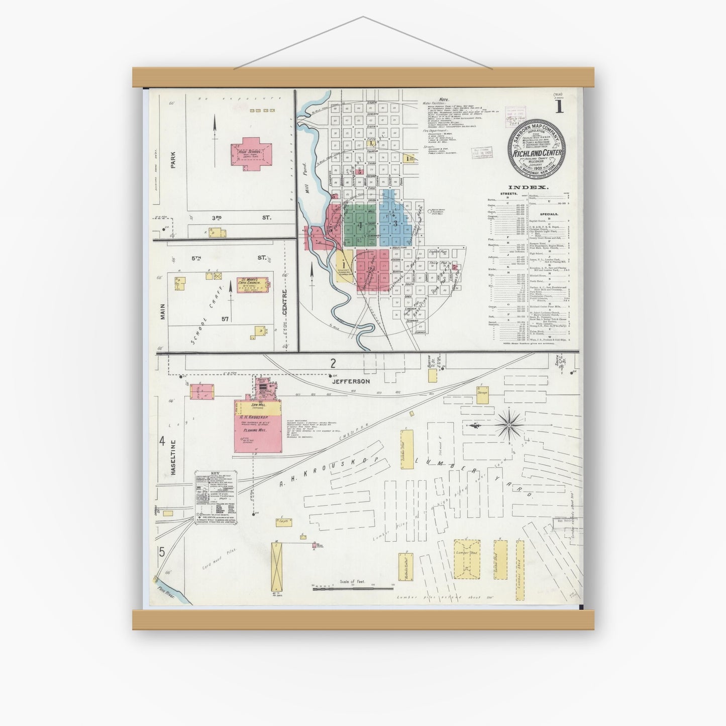 Old map wall art mockup — magnetic wood frame on white wall — Sanborn Fire Insurance Map from Richland Center, Richland County, Wisconsin (1905) - Complete Map Set