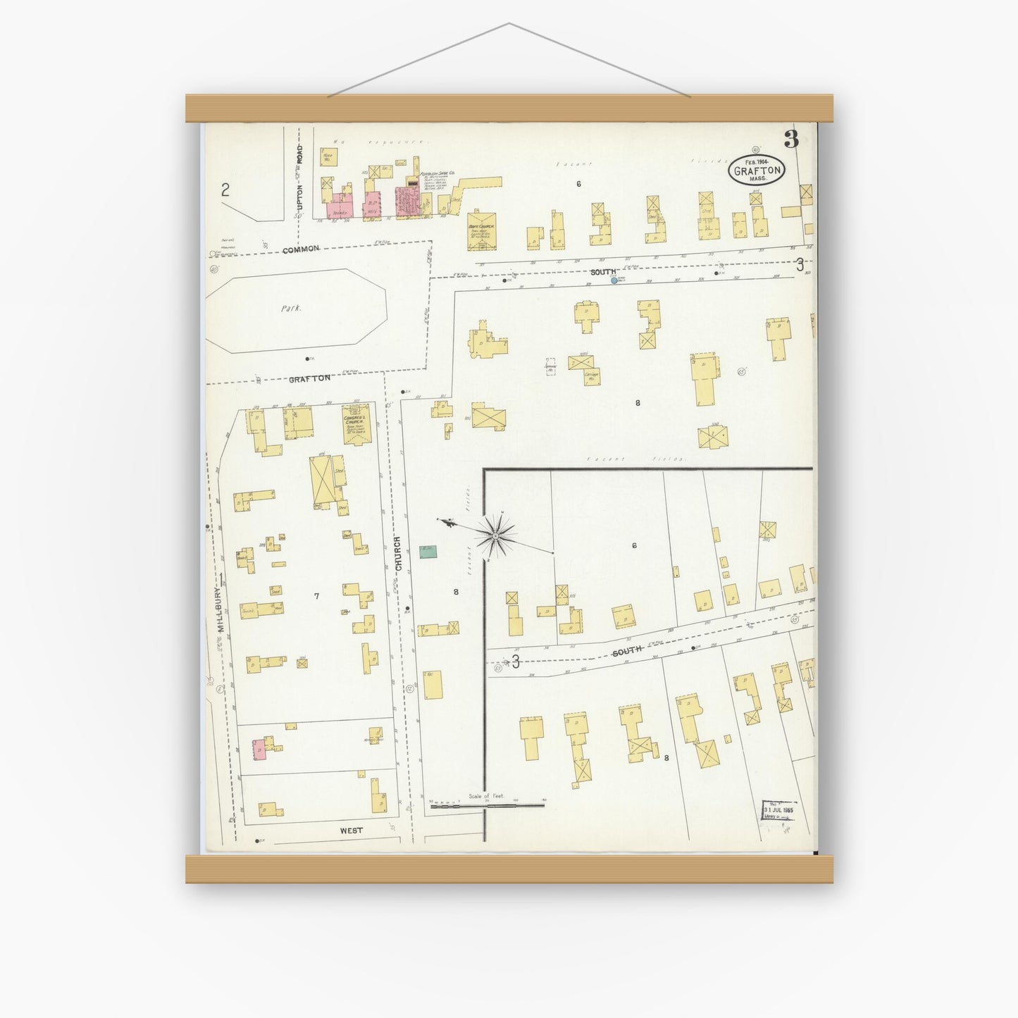 Old map wall art mockup — magnetic wood frame on white wall — Sanborn Fire Insurance Map from Grafton, Worcester County, Massachusetts (1904), Sheet #0003