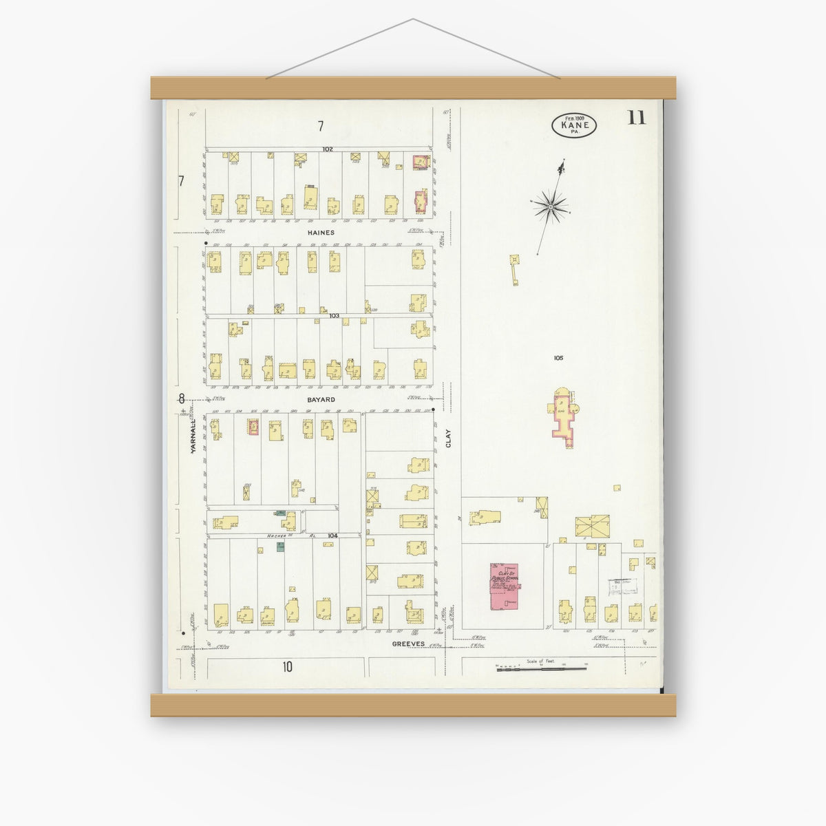 Old map wall art mockup — magnetic wood frame on white wall — Sanborn Fire Insurance Map from Kane, McKean County, Pennsylvania (1909), Sheet #0011
