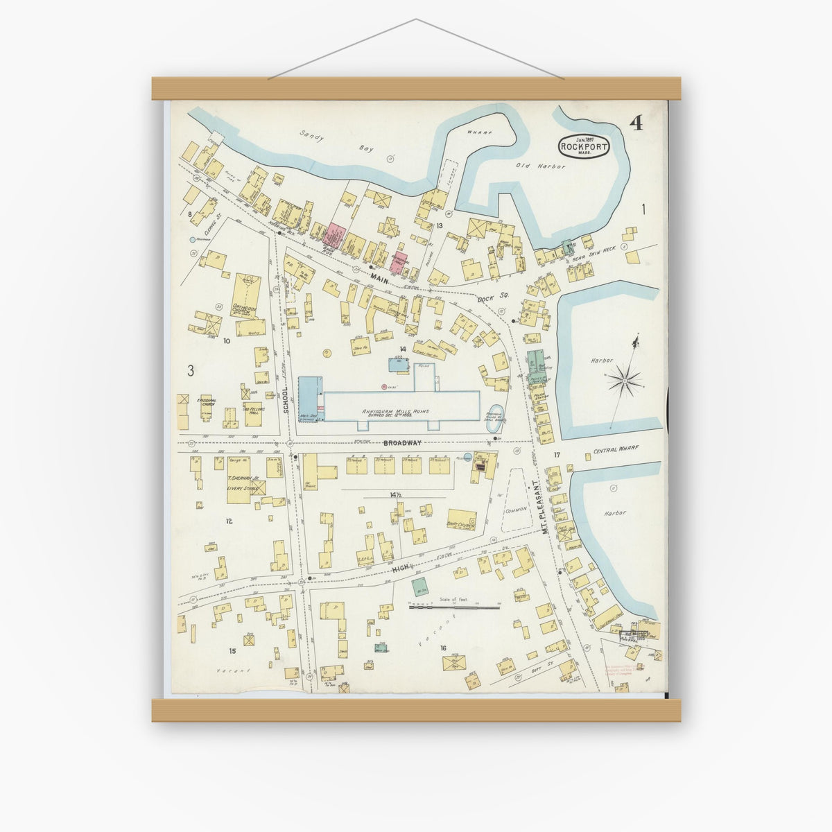 Old map wall art mockup — magnetic wood frame on white wall — Sanborn Fire Insurance Map from Rockport, Essex County, Massachusetts (1897), Sheet #0004