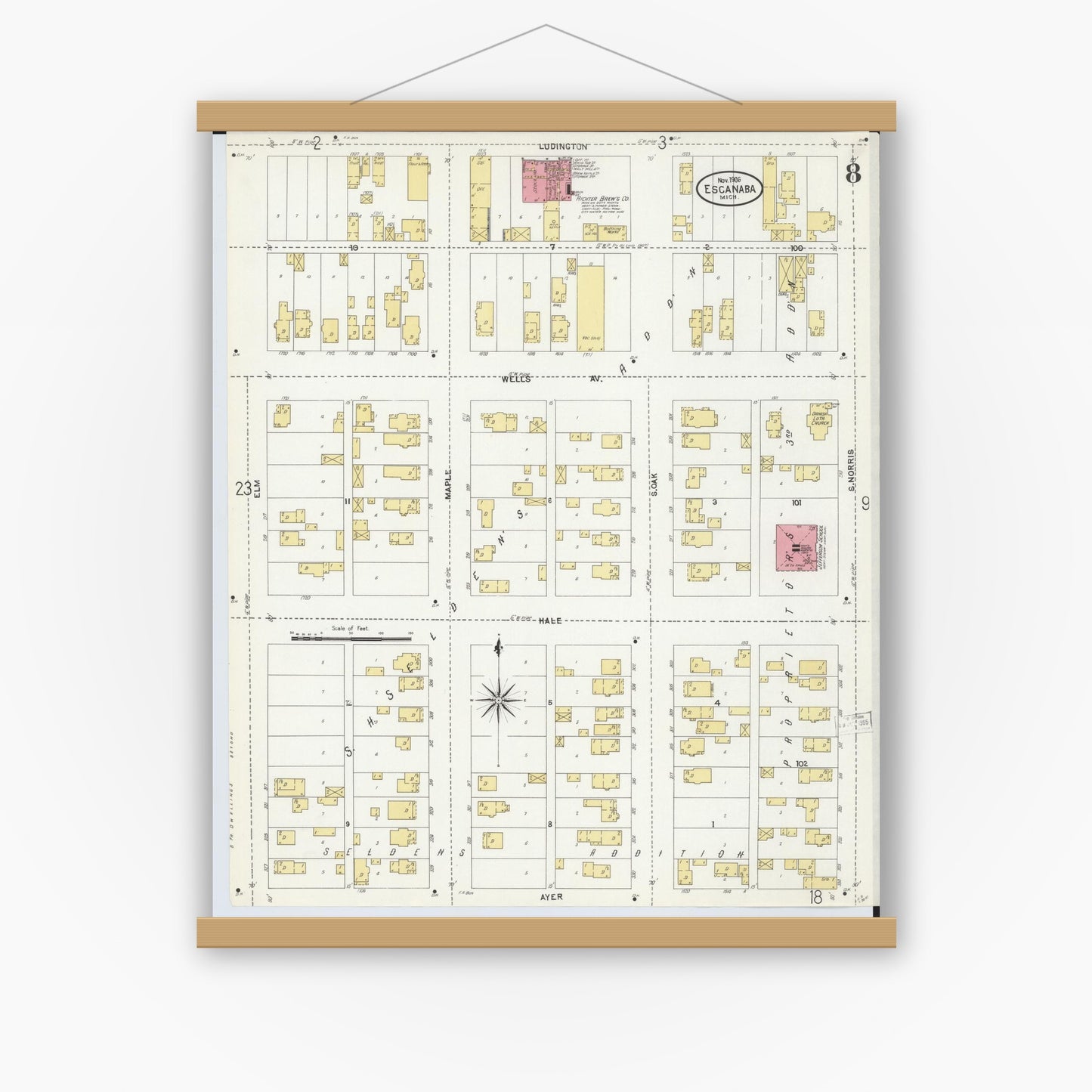 Old map wall art mockup — magnetic wood frame on white wall — Sanborn Fire Insurance Map from Escanaba, Delta County, Michigan (1906), Sheet #0008