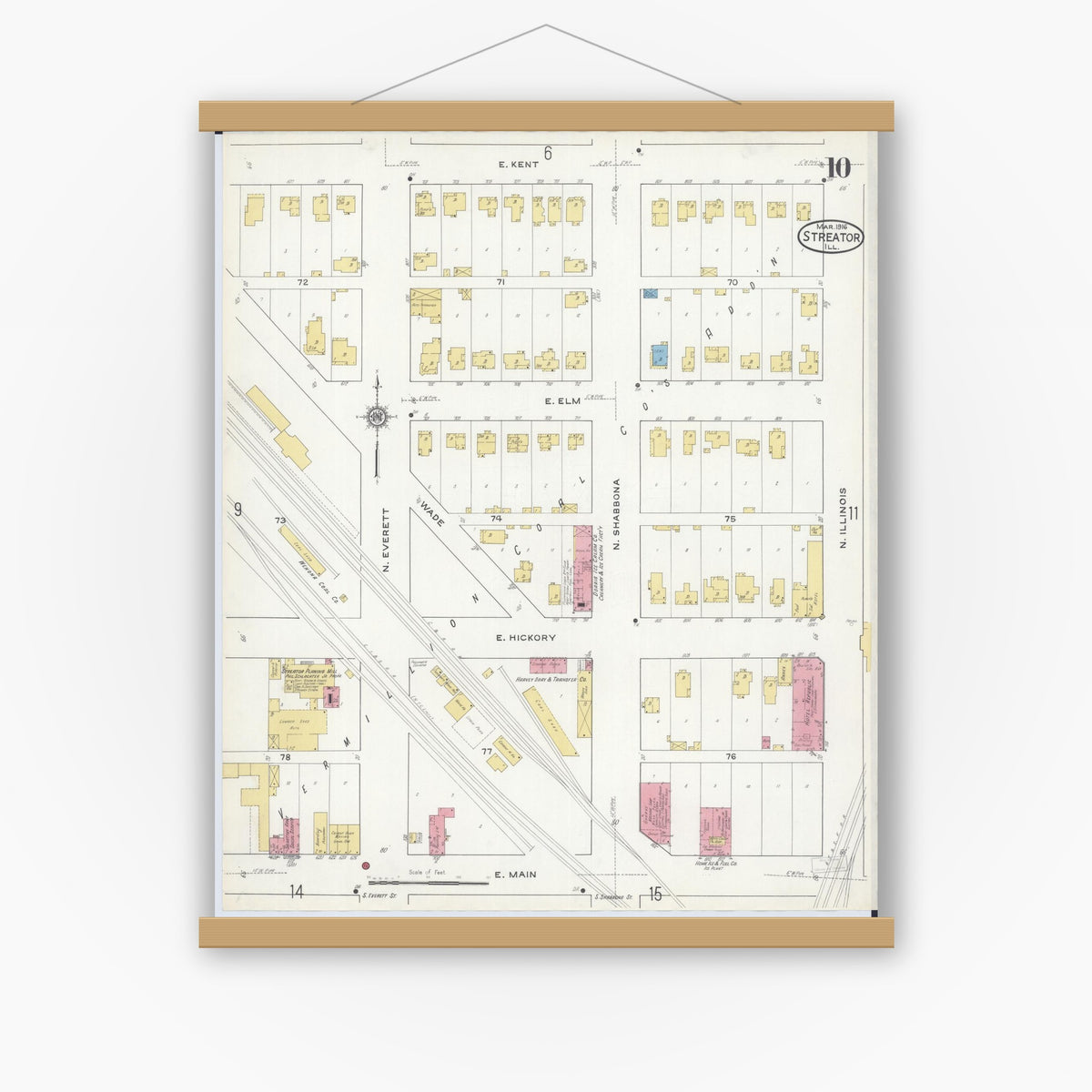 Old map wall art mockup — magnetic wood frame on white wall — Sanborn Fire Insurance Map from Streator, La Salle County, Illinois (1916), Sheet #0010
