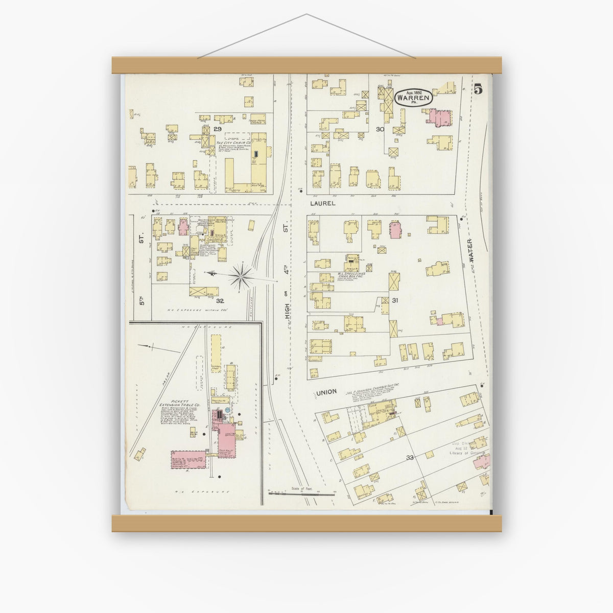 Old map wall art mockup — magnetic wood frame on white wall — Sanborn Fire Insurance Map from Warren, Warren County, Pennsylvania (1892), Sheet #0005