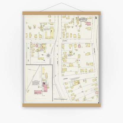 Old map wall art mockup — magnetic wood frame on white wall — Sanborn Fire Insurance Map from Warren, Warren County, Pennsylvania (1892), Sheet #0005