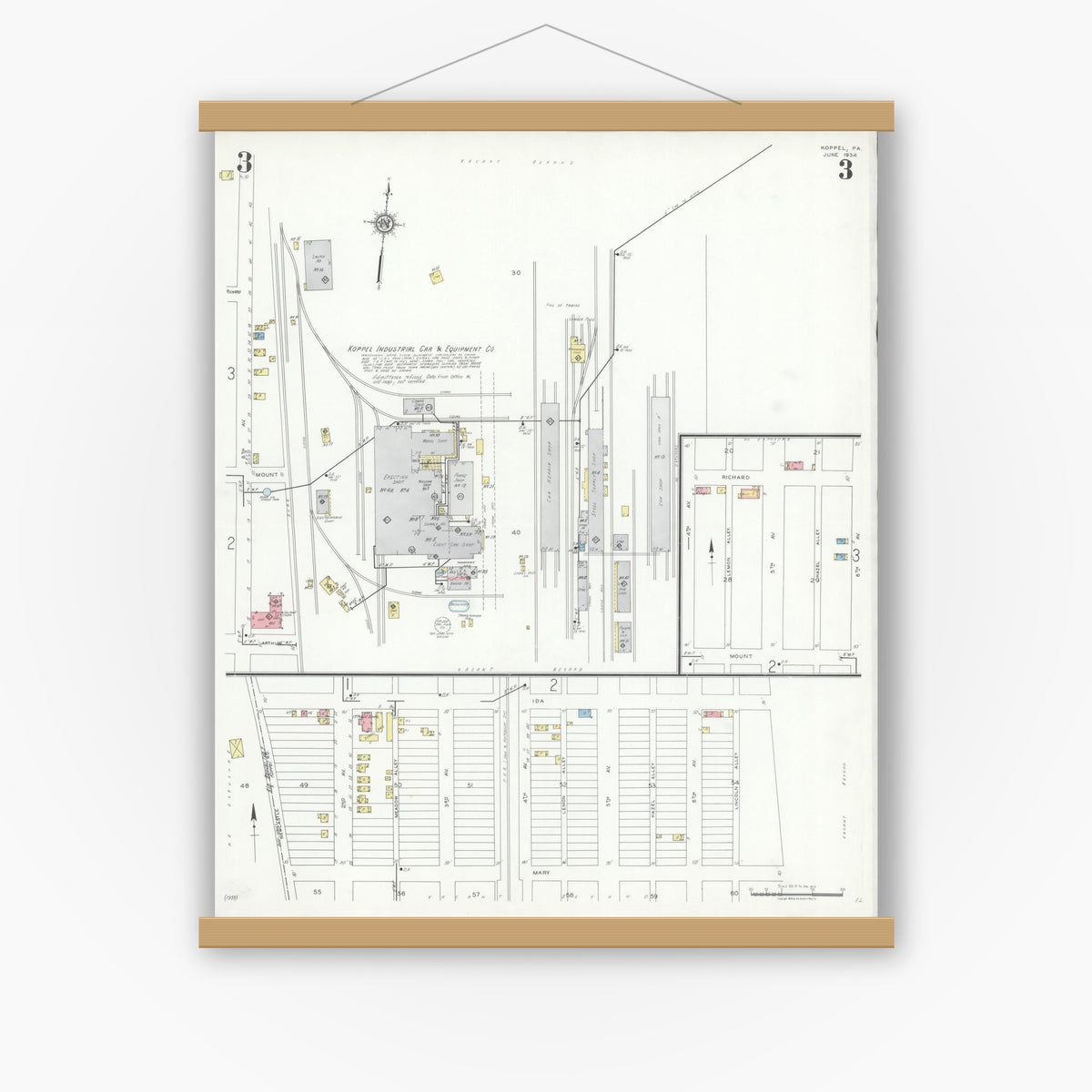 Old map wall art mockup — magnetic wood frame on white wall — Sanborn Fire Insurance Map from Koppel, Beaver County, Pennsylvania (1934), Sheet #0003
