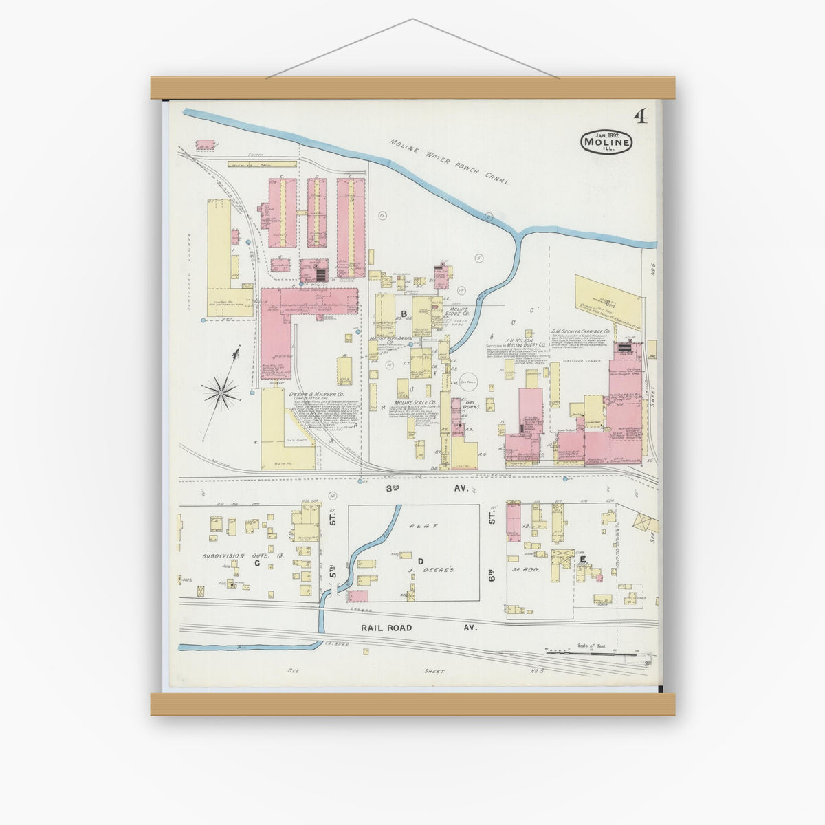 Old map wall art mockup — magnetic wood frame on white wall — Sanborn Fire Insurance Map from Moline, Rock Island County, Illinois (1892), Sheet #0004