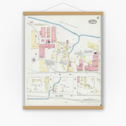 Old map wall art mockup — magnetic wood frame on white wall — Sanborn Fire Insurance Map from Moline, Rock Island County, Illinois (1892), Sheet #0004