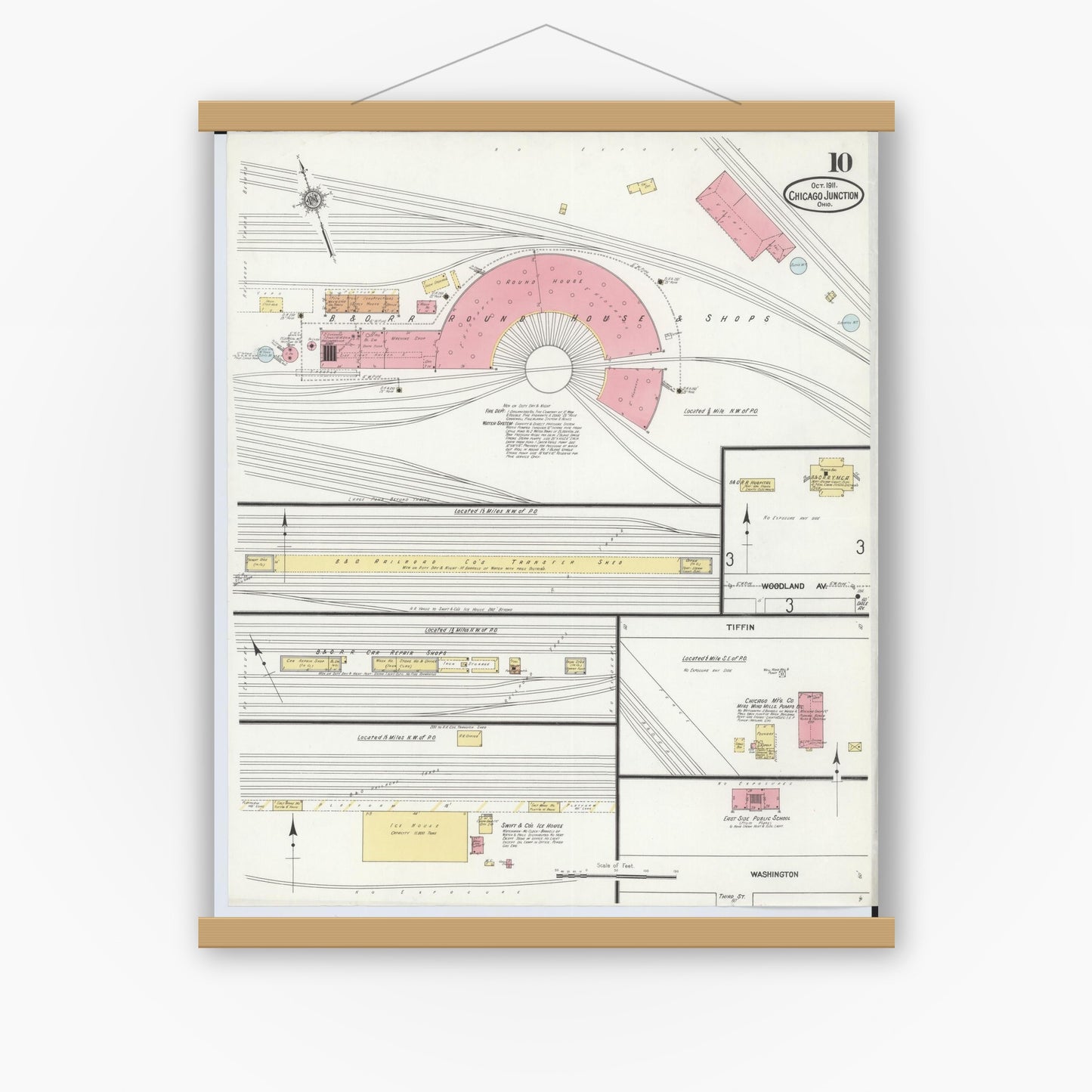 Old map wall art mockup — magnetic wood frame on white wall — Sanborn Fire Insurance Map from Chicago Junction, Huron County, Ohio (1911), Sheet #0010