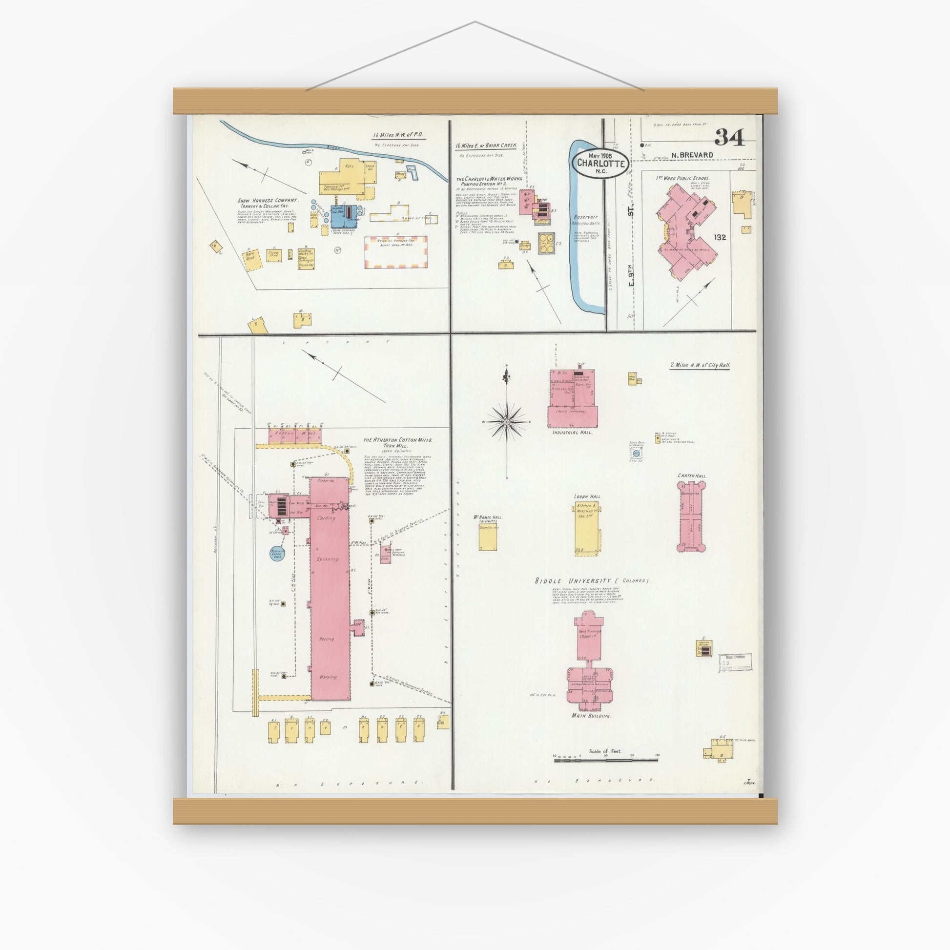 Old map wall art mockup — magnetic wood frame on white wall — Sanborn Fire Insurance Map from Charlotte, Mecklenburg County, North Carolina (1905), Sheet #0034