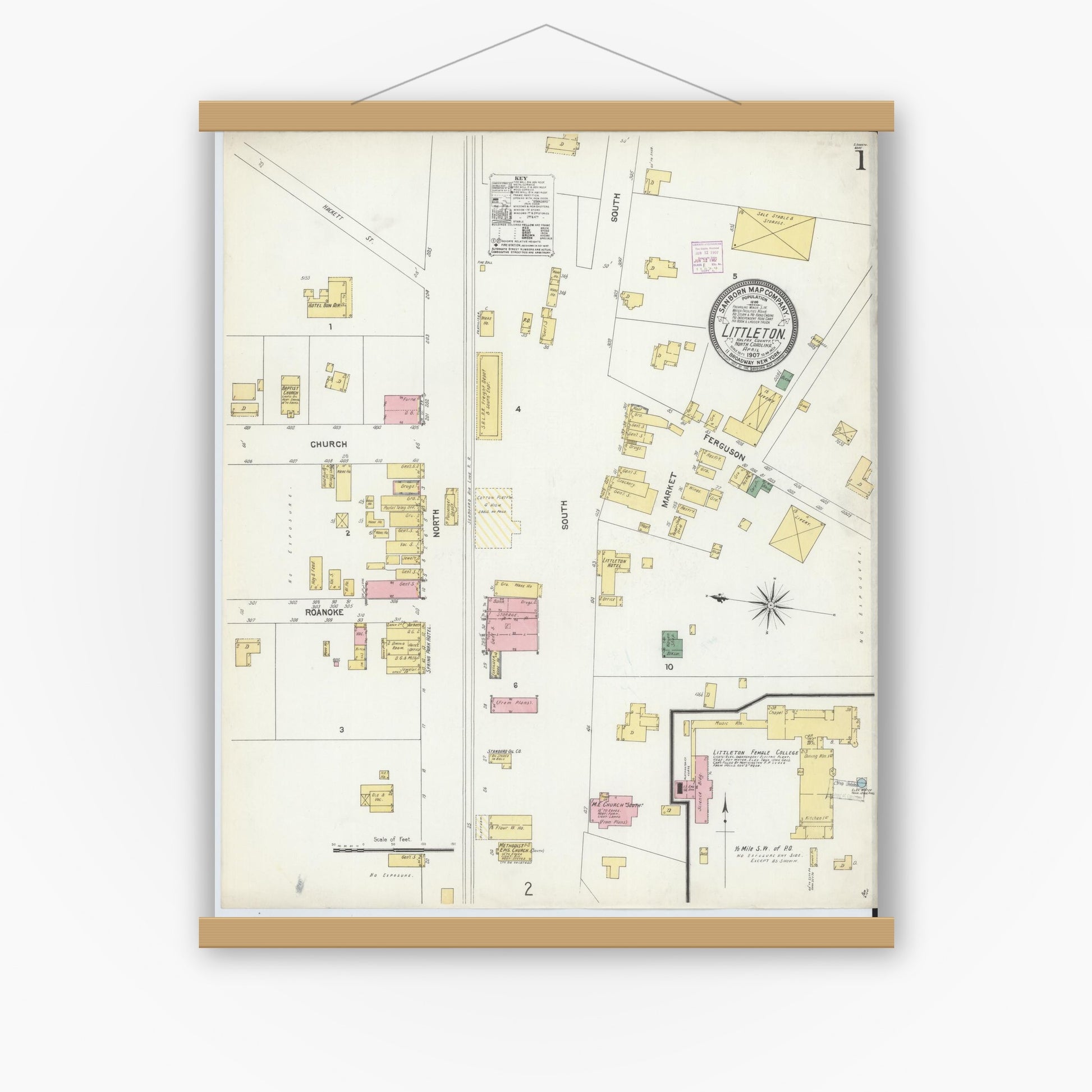Old map wall art mockup — magnetic wood frame on white wall — Sanborn Fire Insurance Map from Littleton, Halifax And Warren County, North Carolina (1907) - Complete Map Set