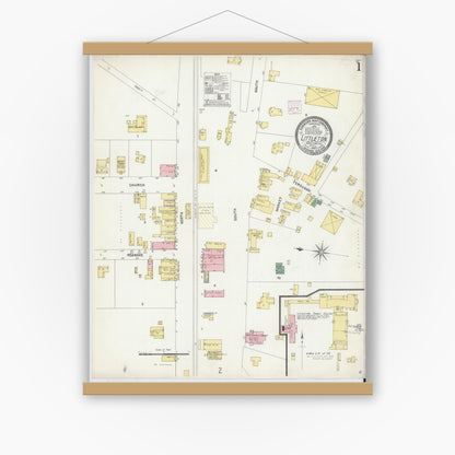 Old map wall art mockup — magnetic wood frame on white wall — Sanborn Fire Insurance Map from Littleton, Halifax And Warren County, North Carolina (1907) - Complete Map Set