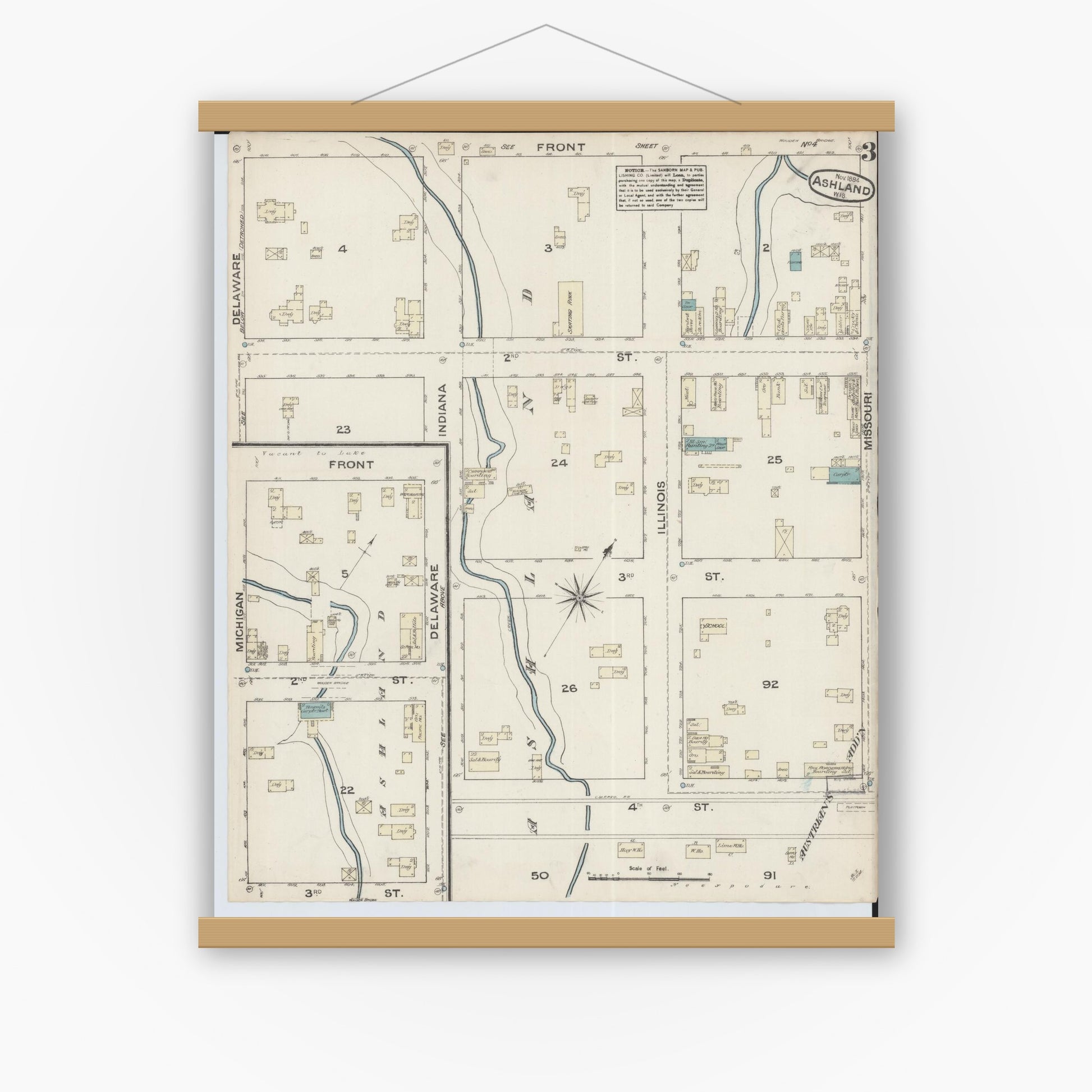 Old map wall art mockup — magnetic wood frame on white wall — Sanborn Fire Insurance Map from Ashland, Ashland County, Wisconsin (1884), Sheet #0003