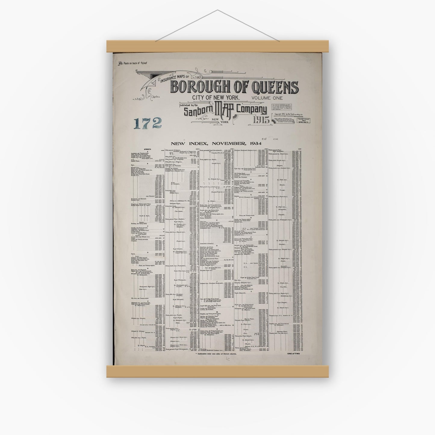 Old map wall art mockup — magnetic wood frame on white wall — Sanborn Fire Insurance Map from Queens, Queens County, New York (1947), Sheet #0001