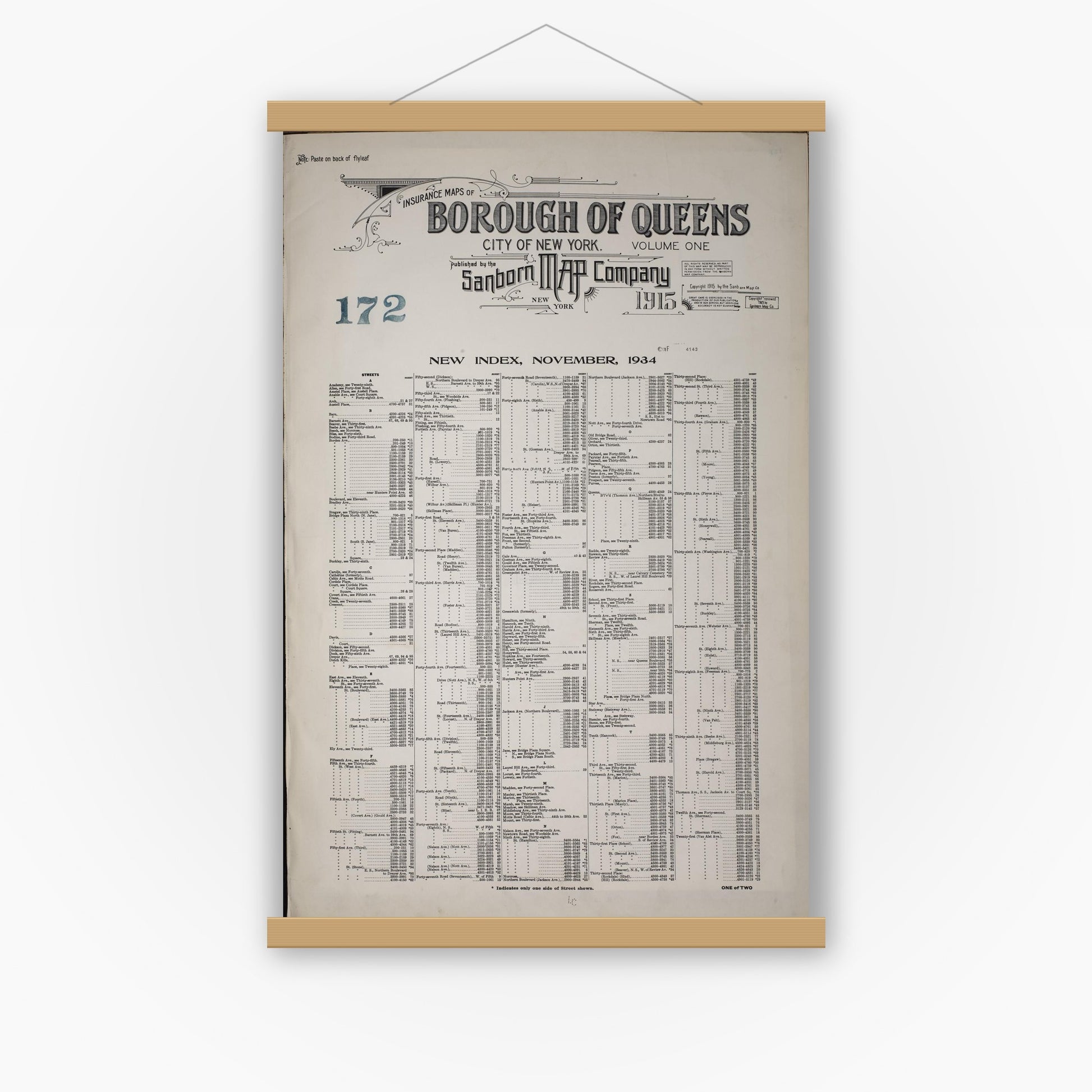 Old map wall art mockup — magnetic wood frame on white wall — Sanborn Fire Insurance Map from Queens, Queens County, New York (1947), Sheet #0001
