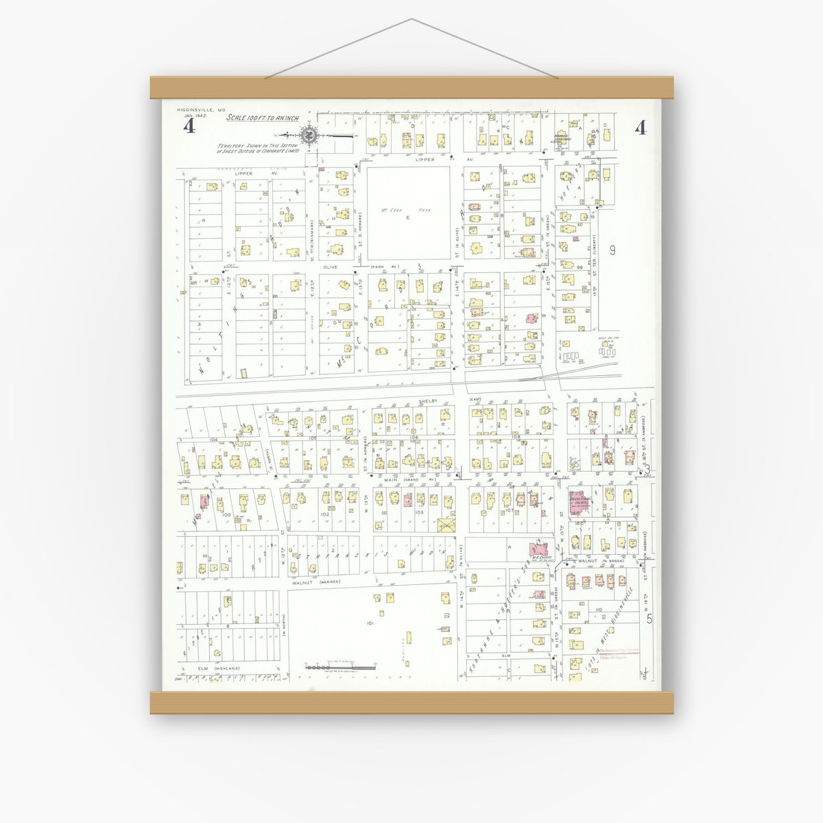 Old map wall art mockup — magnetic wood frame on white wall — Sanborn Fire Insurance Map from Higginsville, Lafayette County, Missouri (1942), Sheet #0004